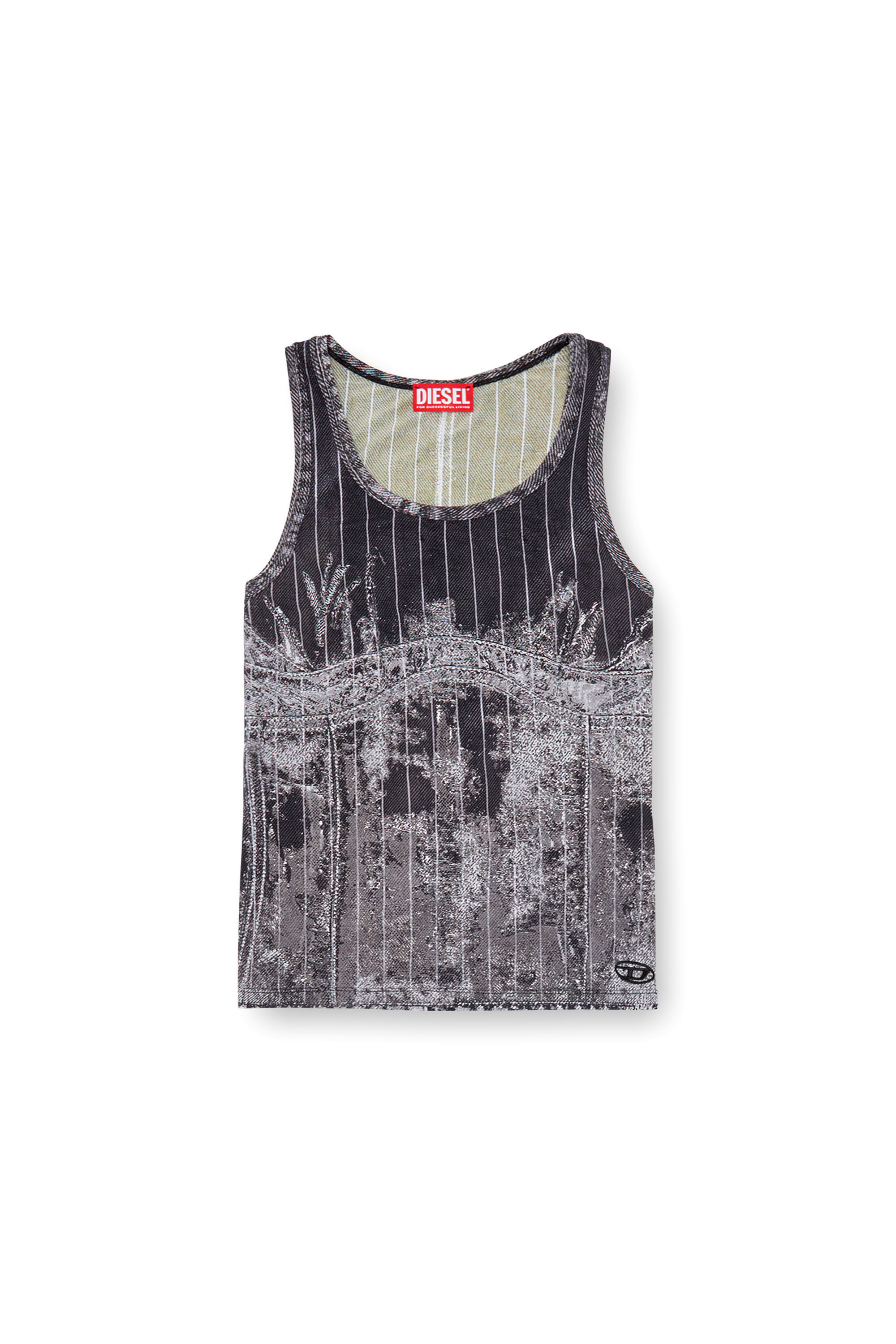 Diesel - T-STRIPE, Mujer Camiseta sin mangas con estampado de denim a rayas finas in Negro - Image 2