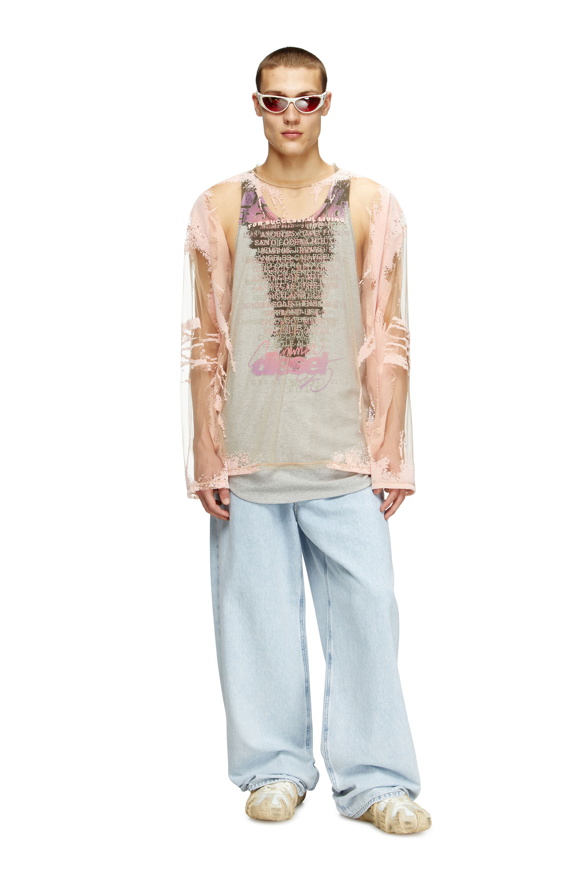 Diesel - T-HASSAN-LS-A, Camiseta de nailon con estampado de letras de canciones y manga larga Unisex in Rosa - 1