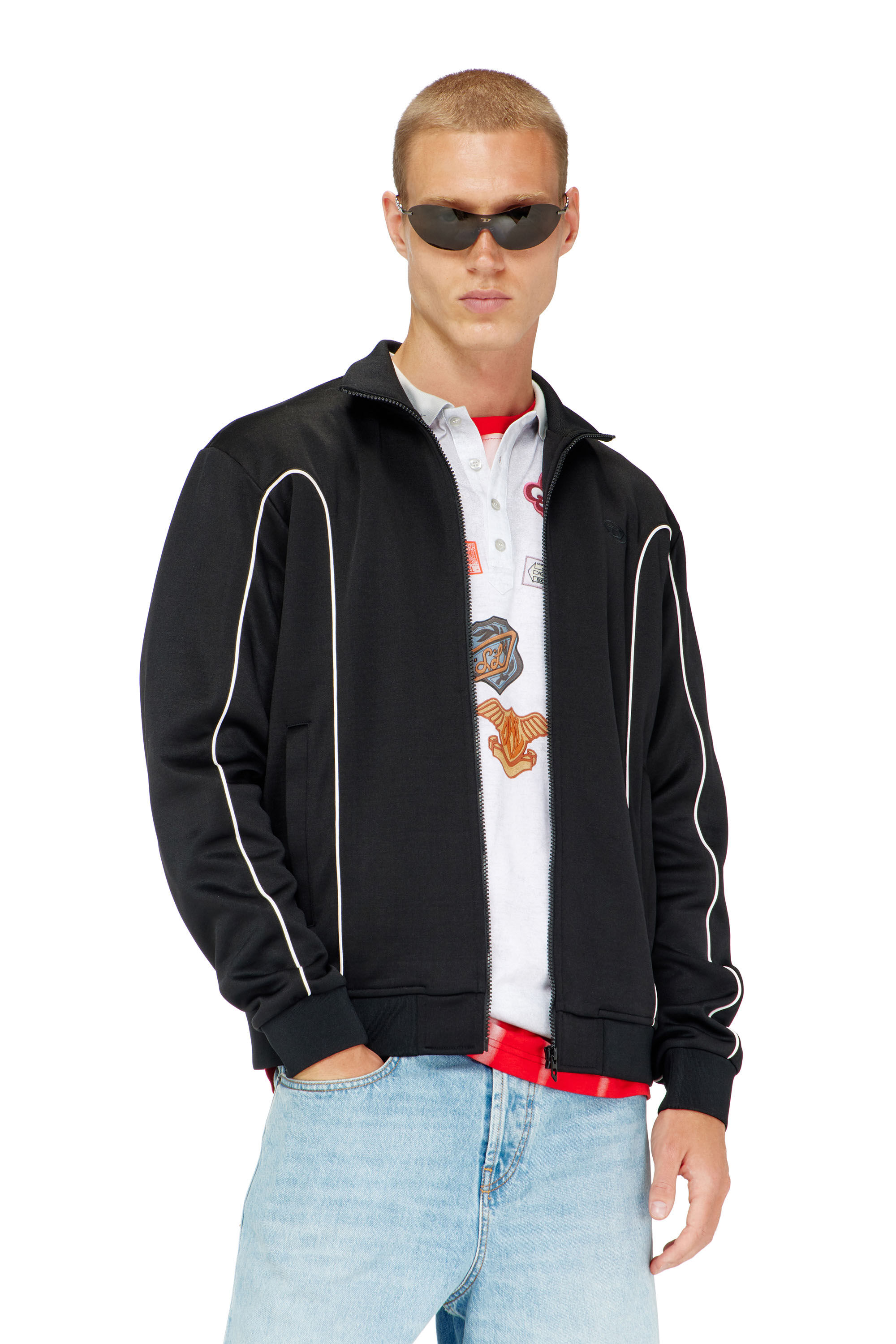 Diesel - S-LOCKING-DO, Chaqueta de ch&aacute;ndal de felpa con ribetes en contraste Hombre in Negro - 3