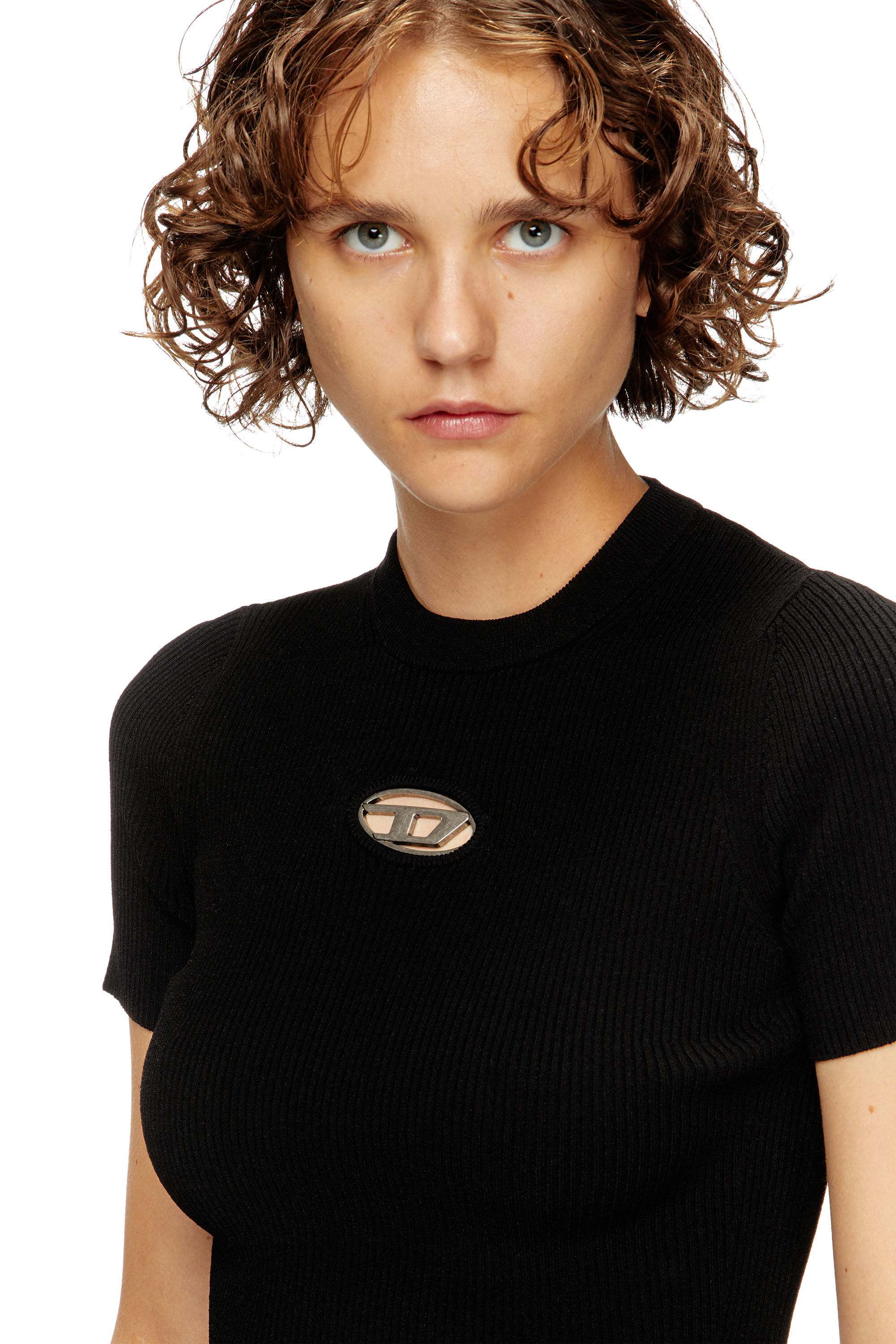 Diesel - M-VALARI-SS, Jersey de manga corta con Oval D de metal Mujer in Negro - 5