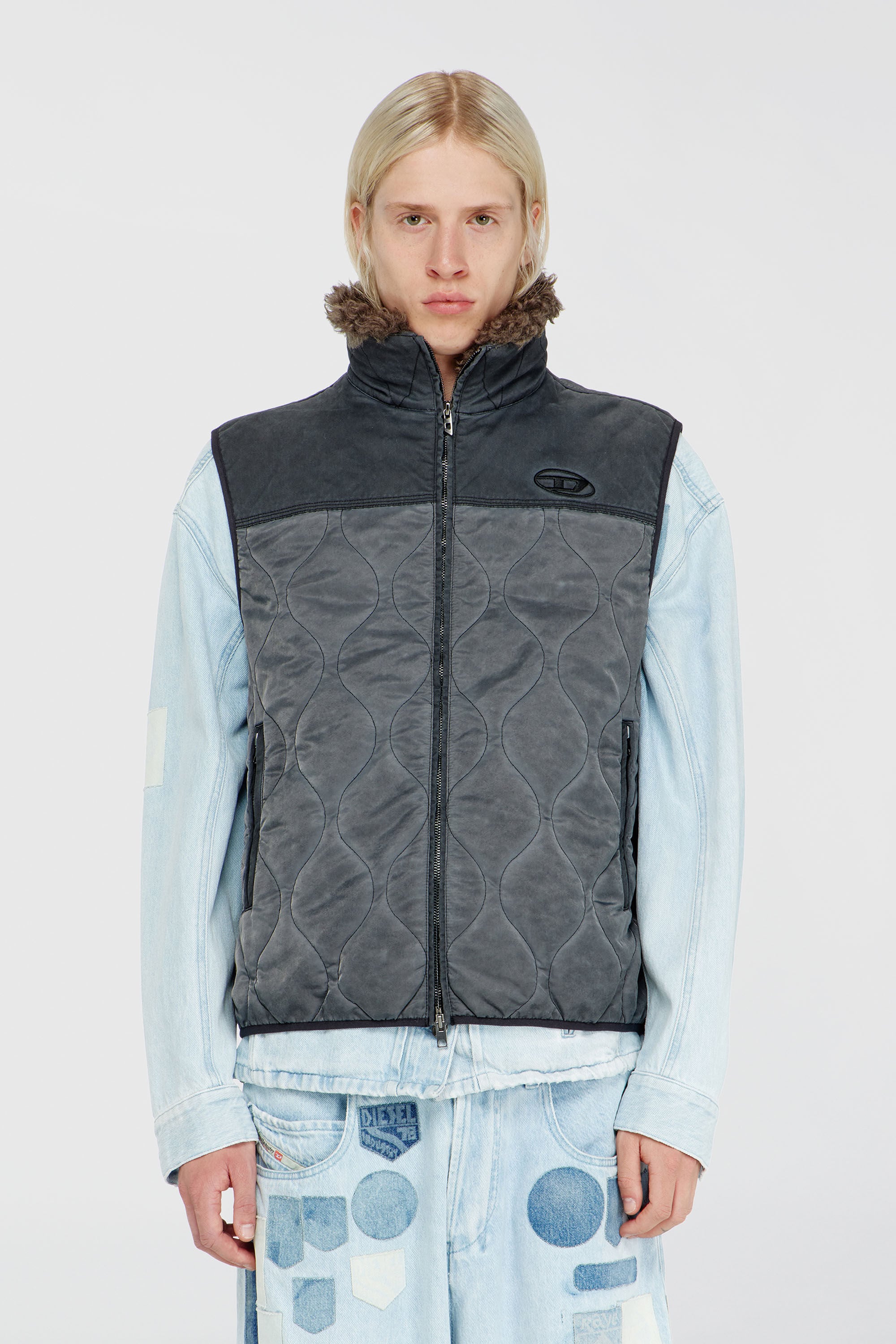 Diesel - J-ALVAR, Man's Quilted vest with fluffy neck lining in Dark grey - 5