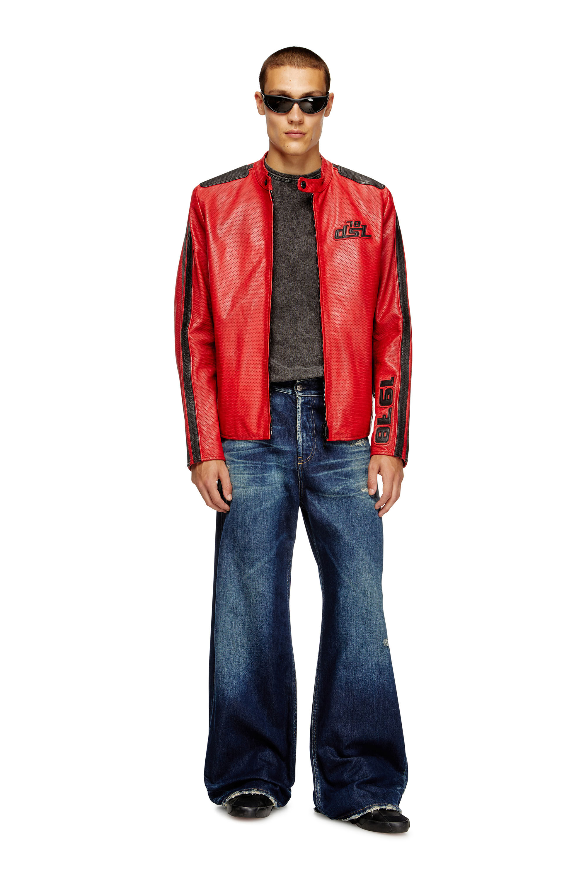Diesel - L-POP, Chaqueta de motorista de cuero perforado Unisex in Rojo - 1