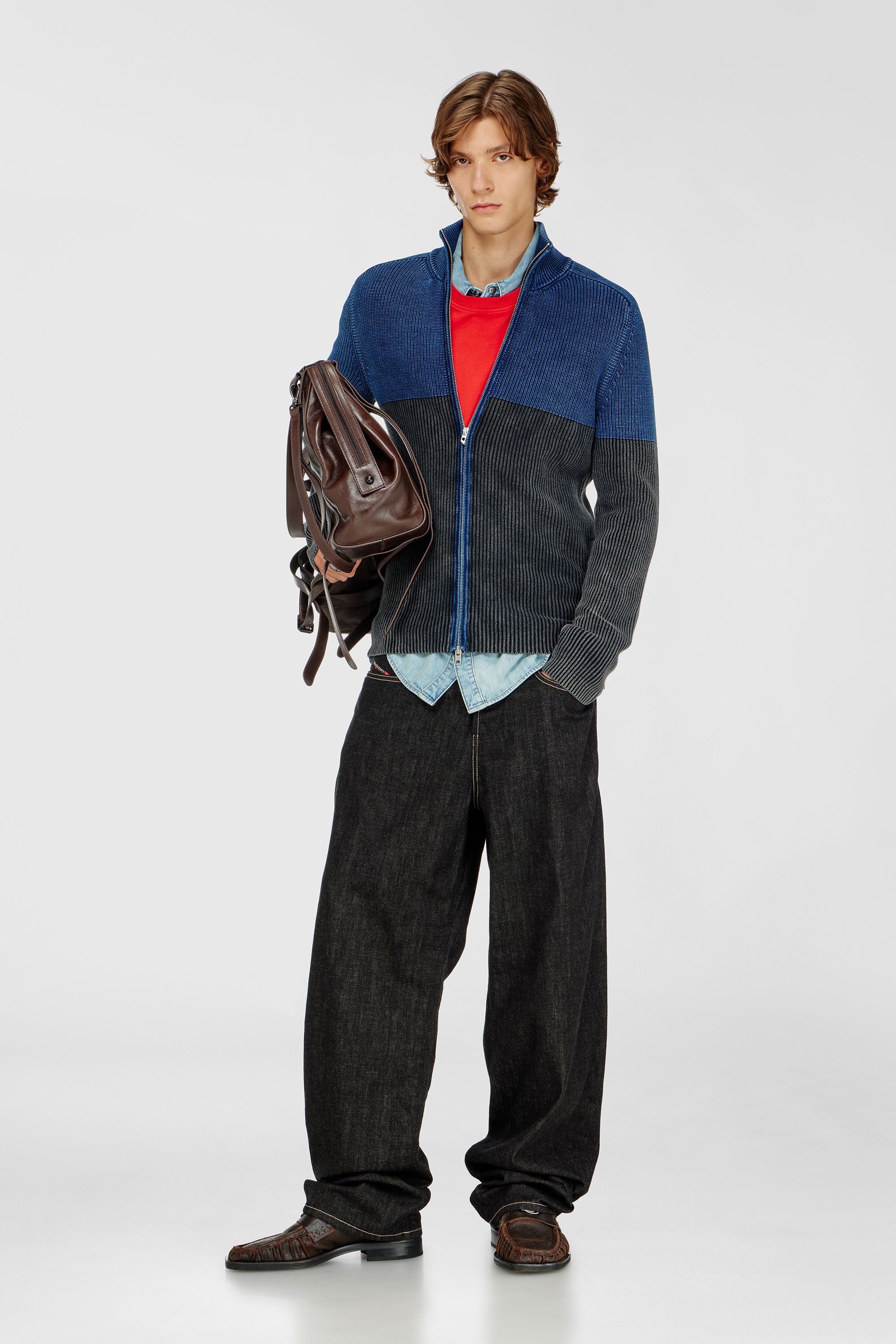 Diesel - K-HERMOS, C&aacute;rdigan con cremallera y efecto denim bicolor Hombre in Multicolor - 1