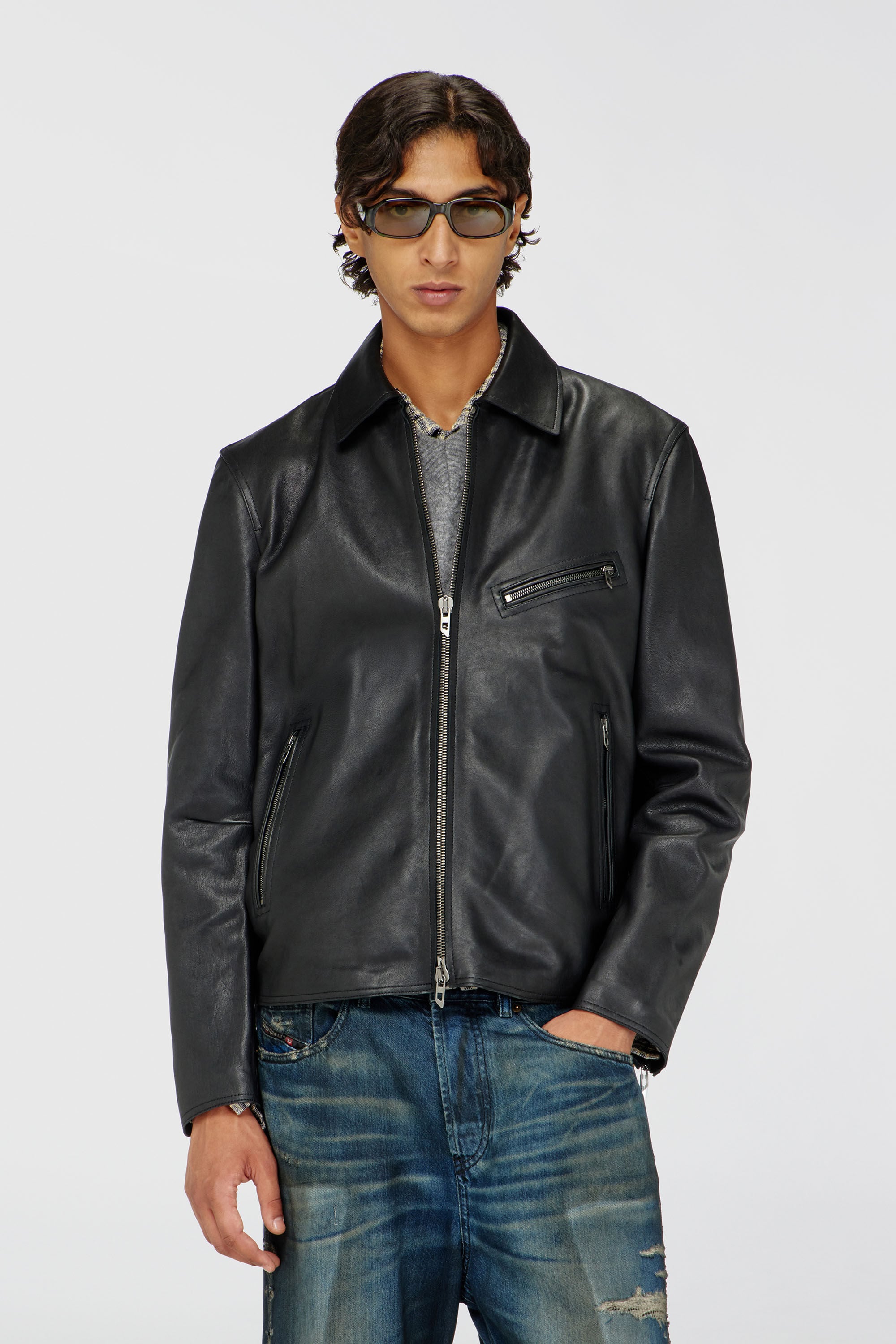 DIESEL レザージャケット L-KORN ブラック Sサイズ Men's Leather jacket with embossed Oval D | Black | Diesel ES