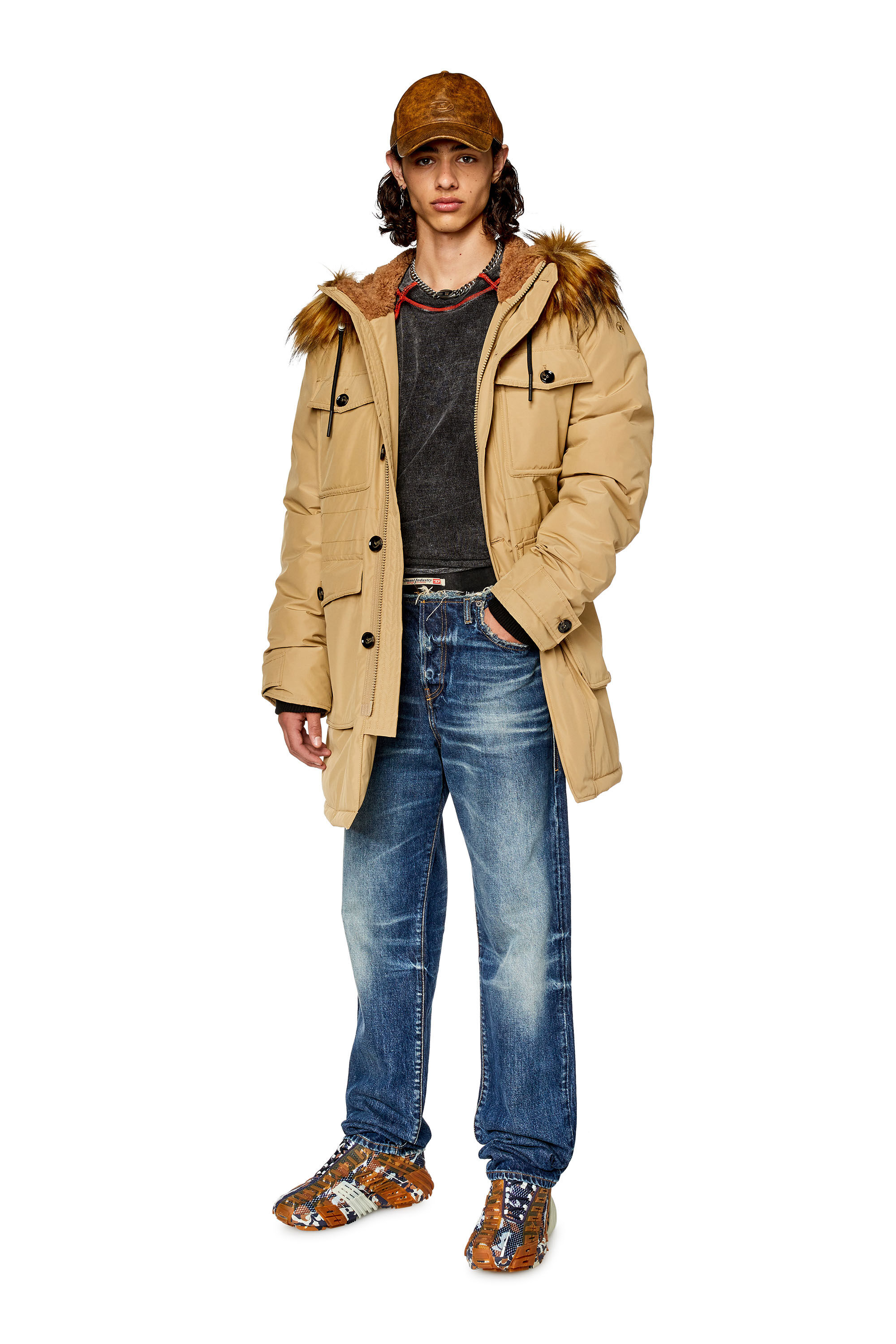 Diesel - W-JORGY, Parka acolchada con ribete mullido en la capucha Hombre in Marrón - 1