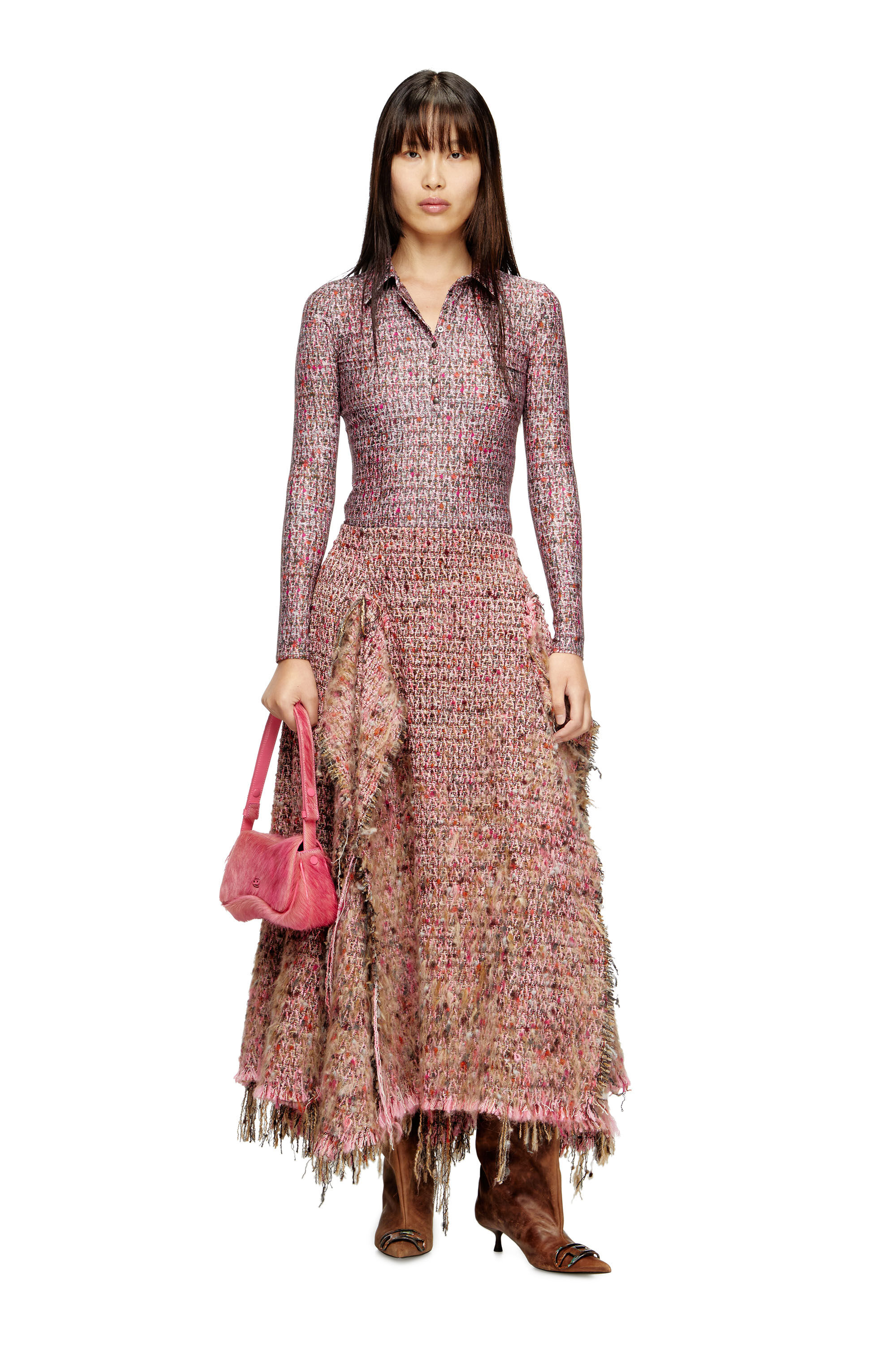 Diesel - O-RIELLA, Falda de bouclé cepillado con dobladillo deshilachado Mujer in Rosa - 1