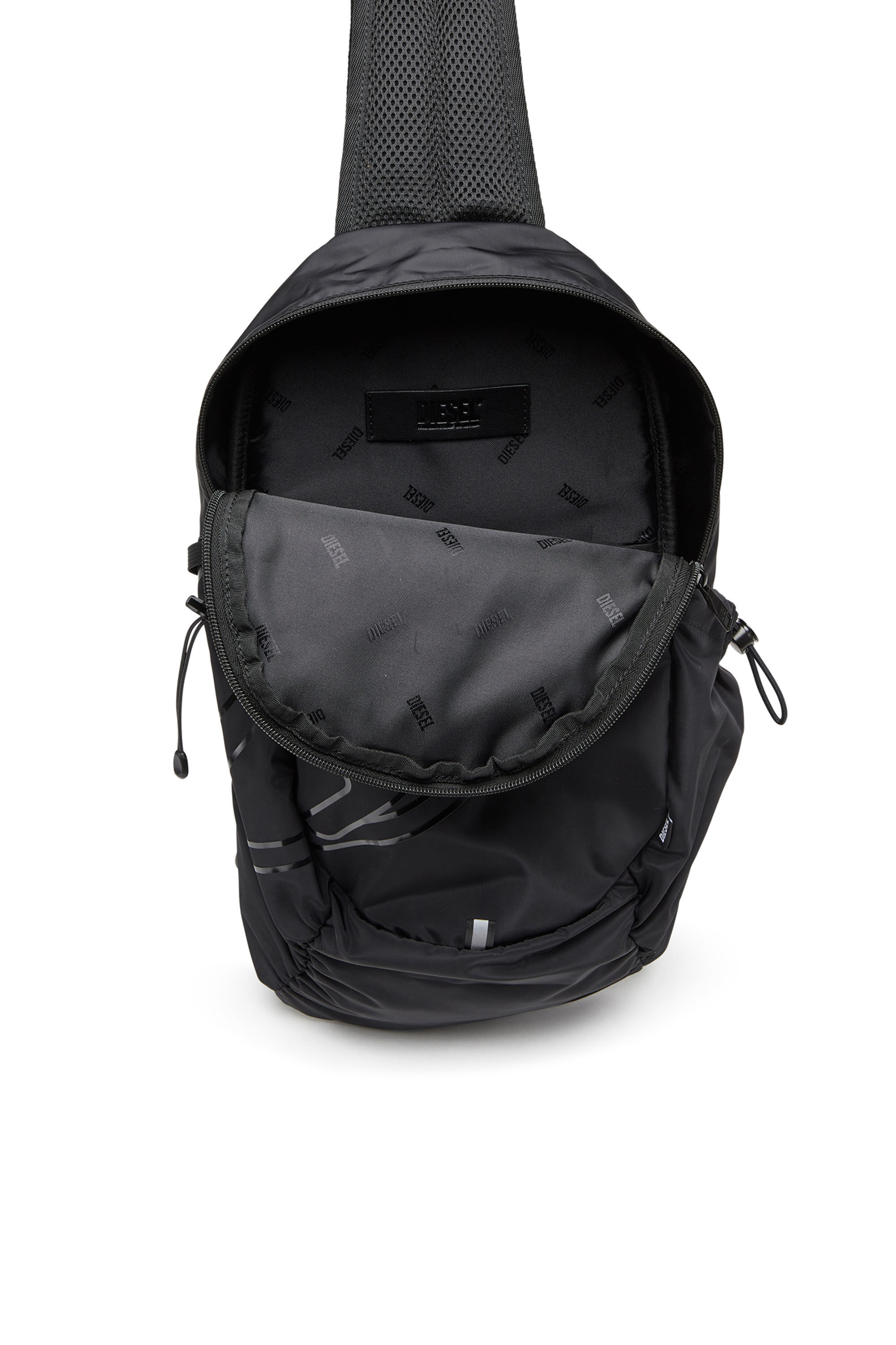 Men s Drape Nylon sling backpack with tonal logo Black Diesel