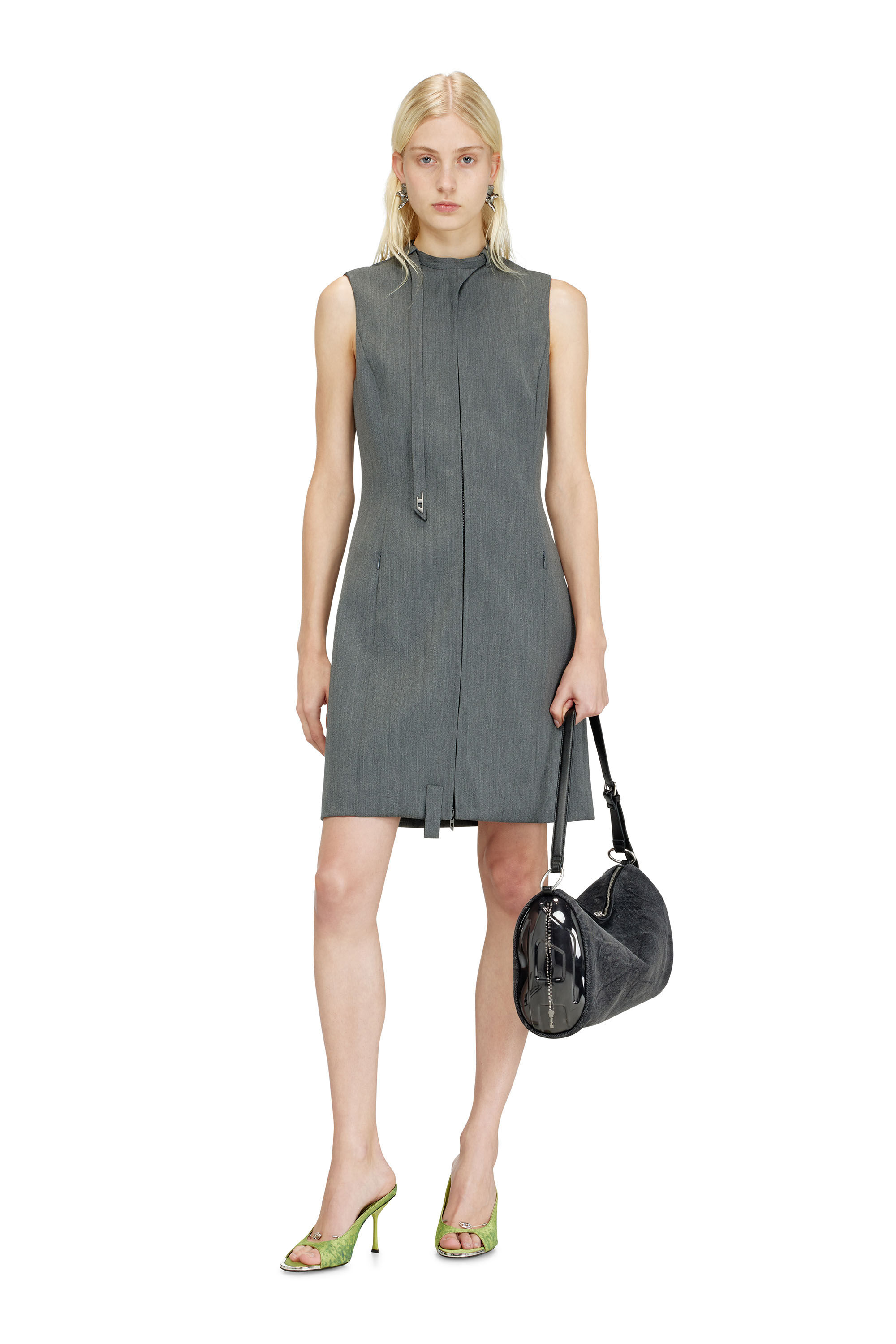 Diesel - D-RUVAN, Vestido midi entallado con tira tipo biker en el cuello Mujer in Gris - 1