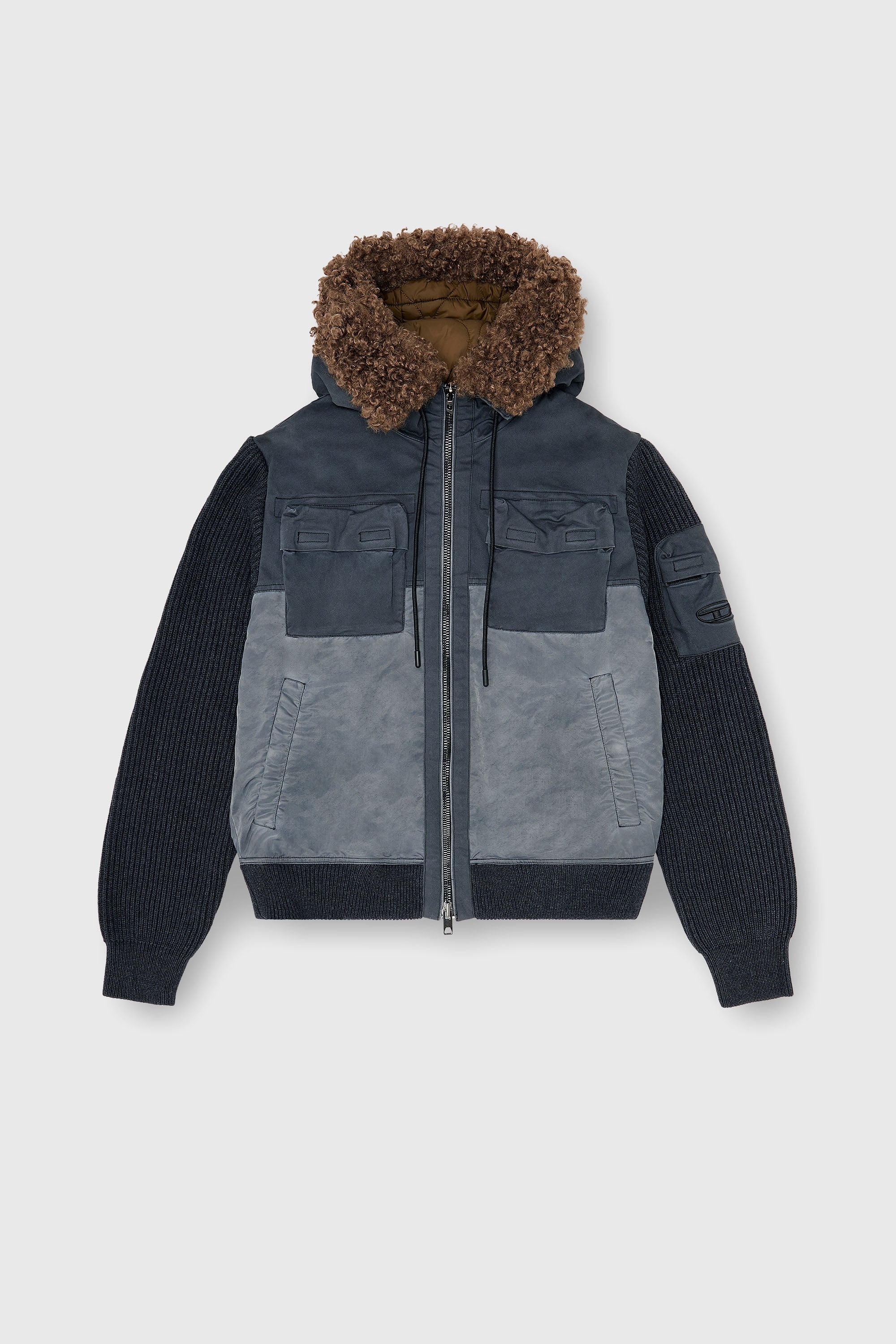 Diesel - W-DELLS, Chaqueta acolchada con capucha y mangas de punto Hombre in Azul marino - 2