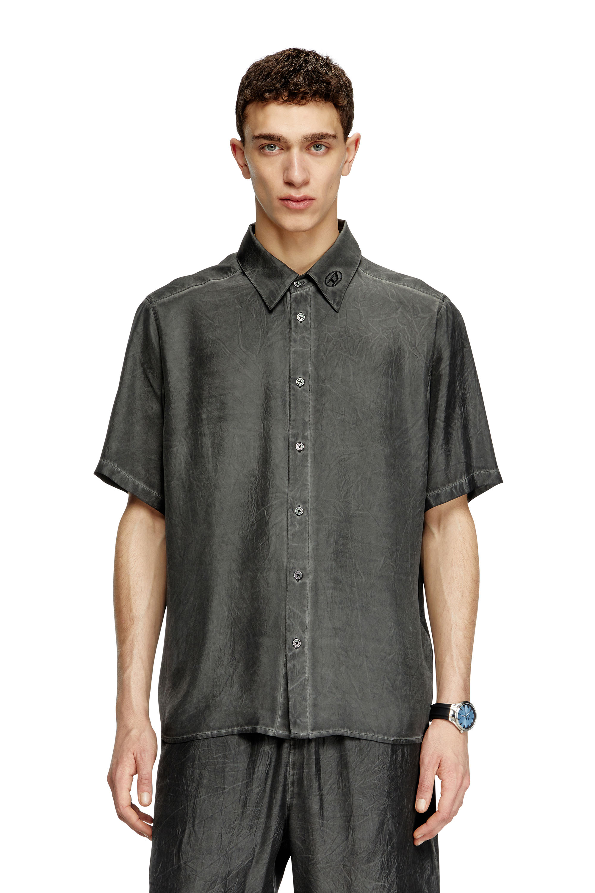 Diesel - S-LEON-SHORT, Unisex's Crinkled short-sleeve shirt with logo collar in null - 2