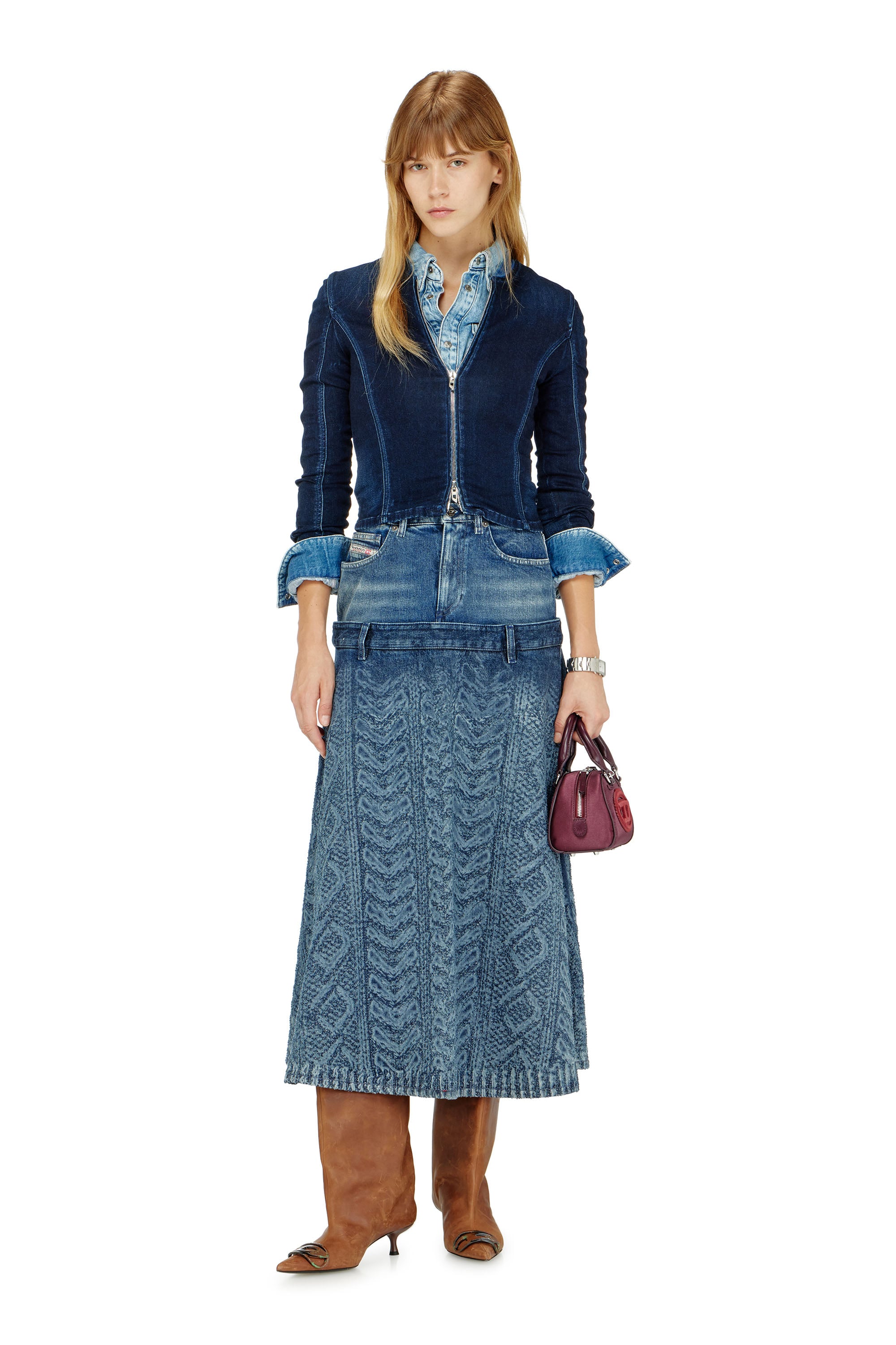 Diesel - DE-VORYA-S1, Falda midi de denim con efecto punto trenzado Mujer in Azul marino - 1