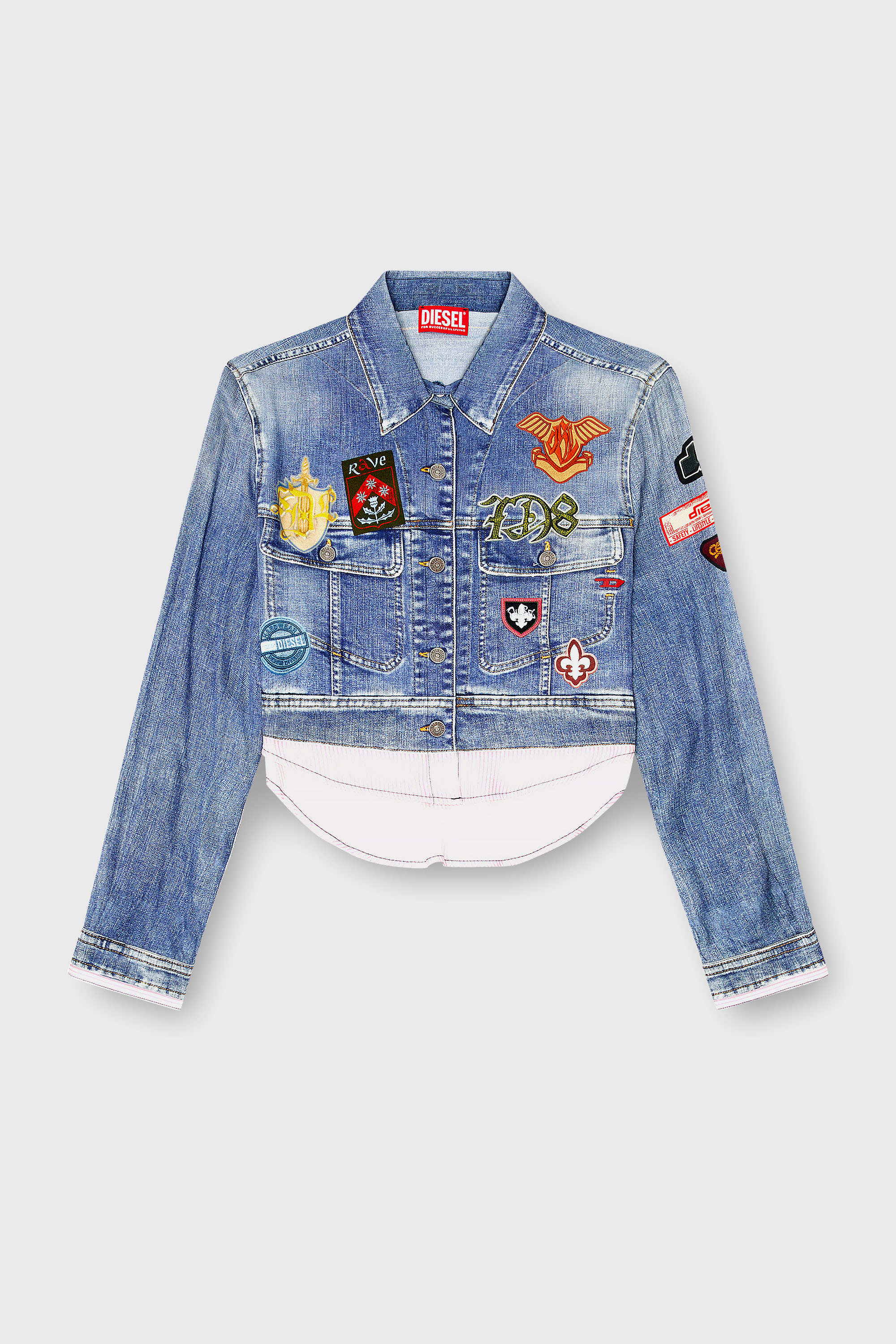 Diesel - C-LONE, Camisa cropped de sat&eacute;n con estampado denim trompe-l&rsquo;oeil Mujer in Azul marino - 2
