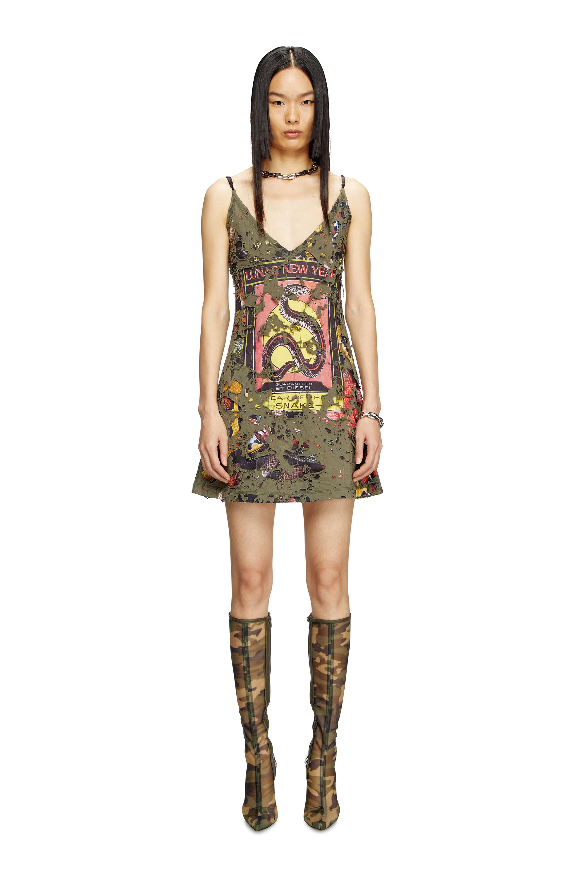 Diesel - CL-D-JENA-DEV-SNAKE, Vestido lencero destruido con estampado de serpiente Mujer in Verde - 2