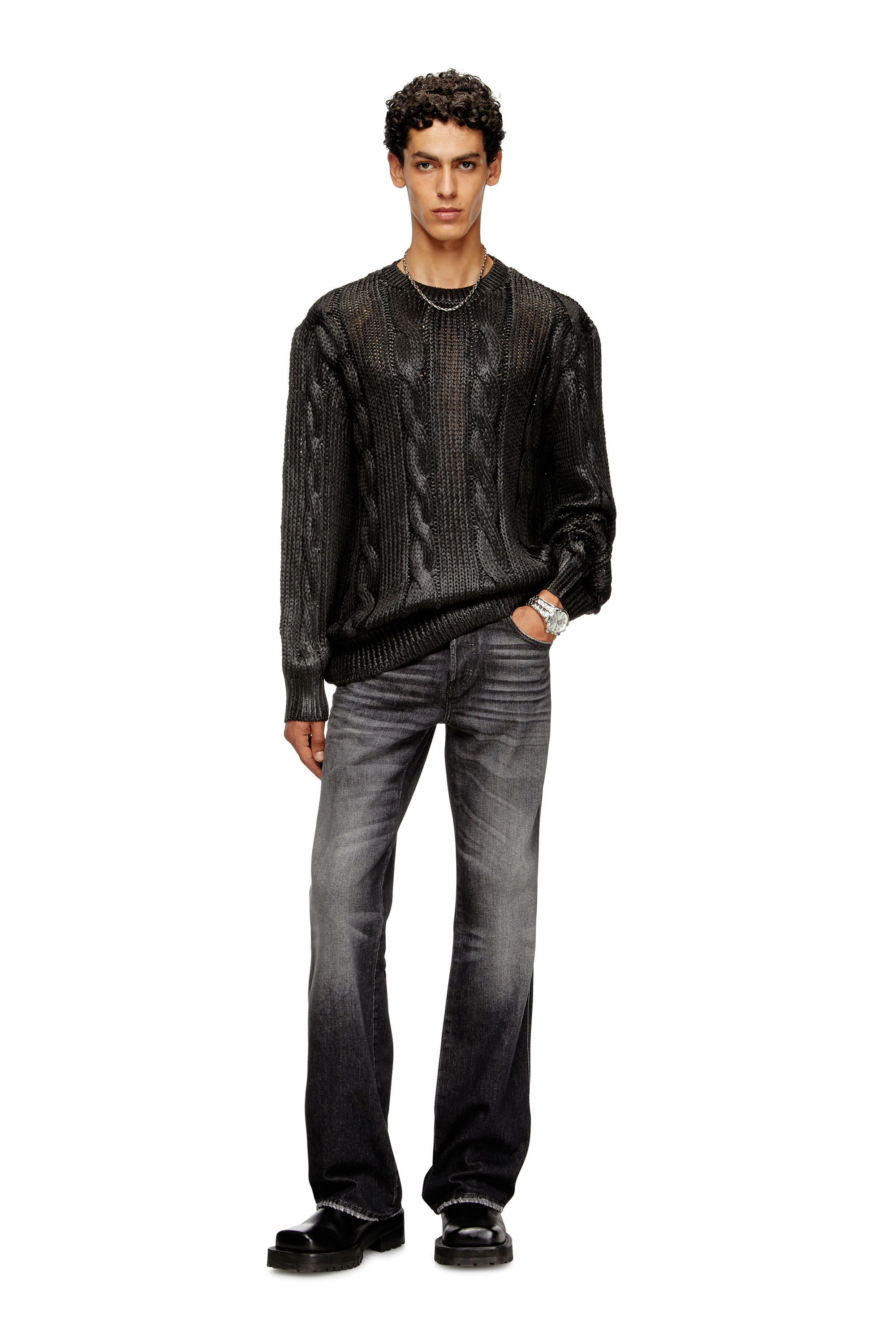 Diesel - K-MICHIU, Jersey de punto trenzado con efecto brillante Hombre in Negro - 1