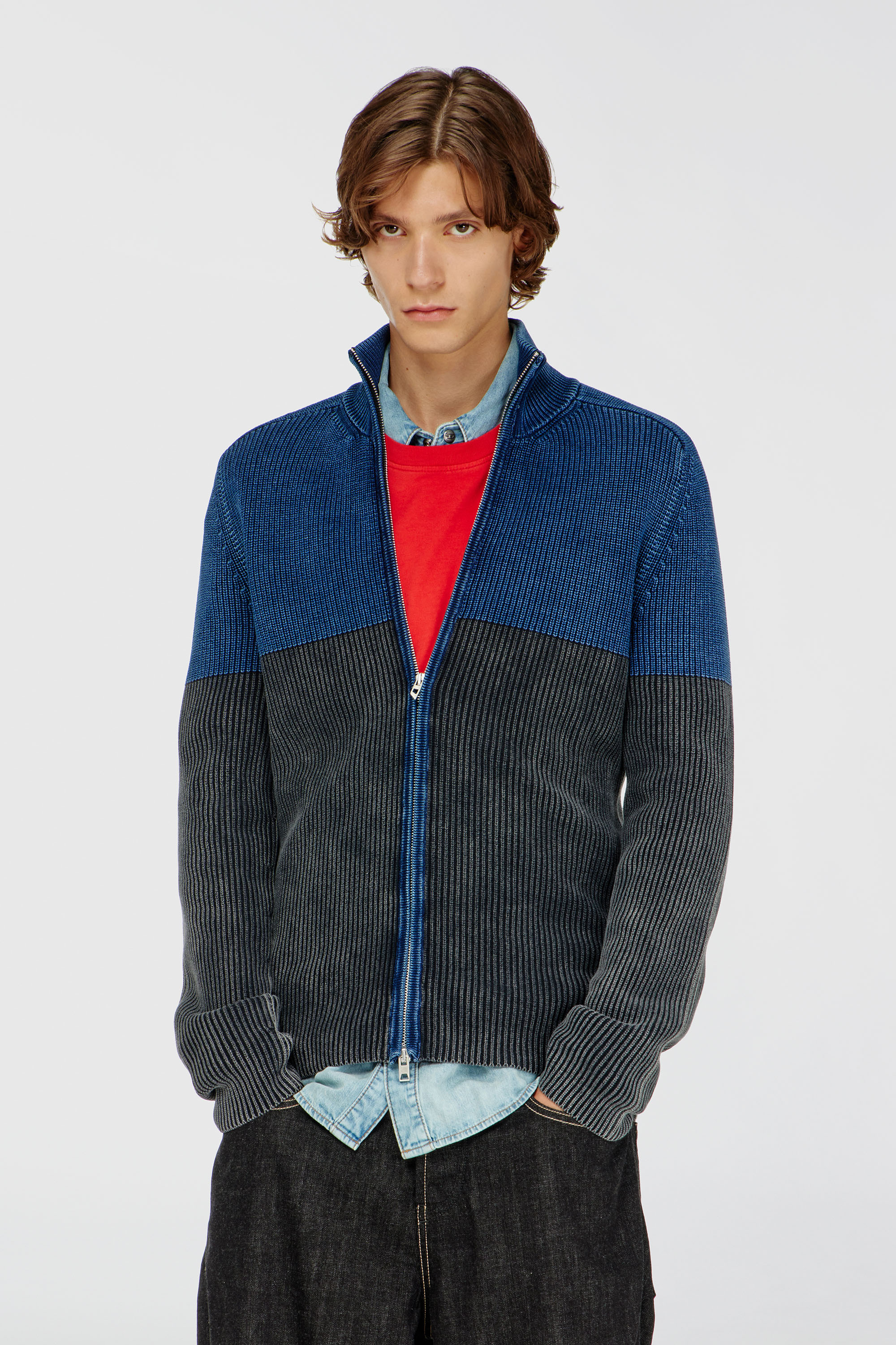 Diesel - K-HERMOS, C&aacute;rdigan con cremallera y efecto denim bicolor Hombre in Multicolor - 1