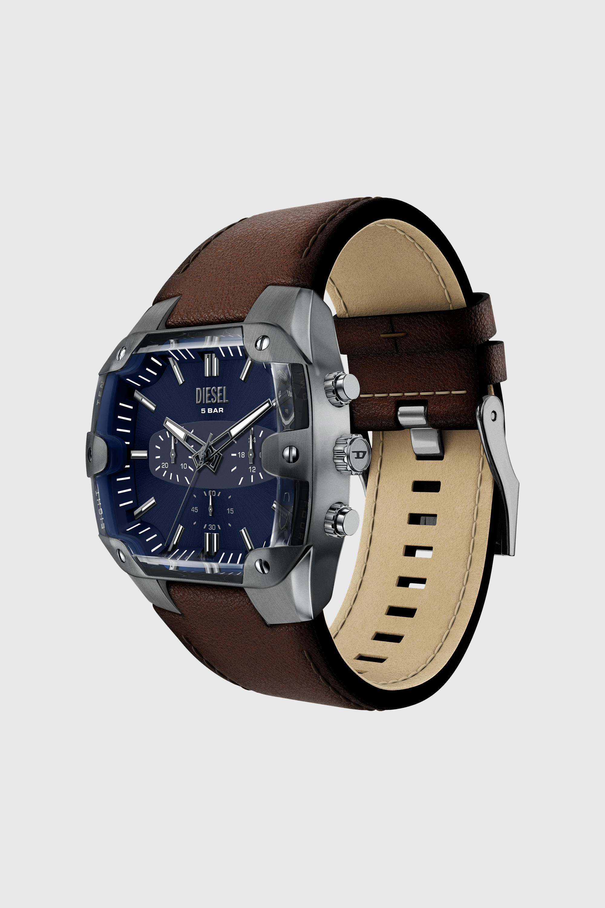 Diesel - DZ4737 WATCH, Man's Spiked Cushion brown leather watch in Brown - 5