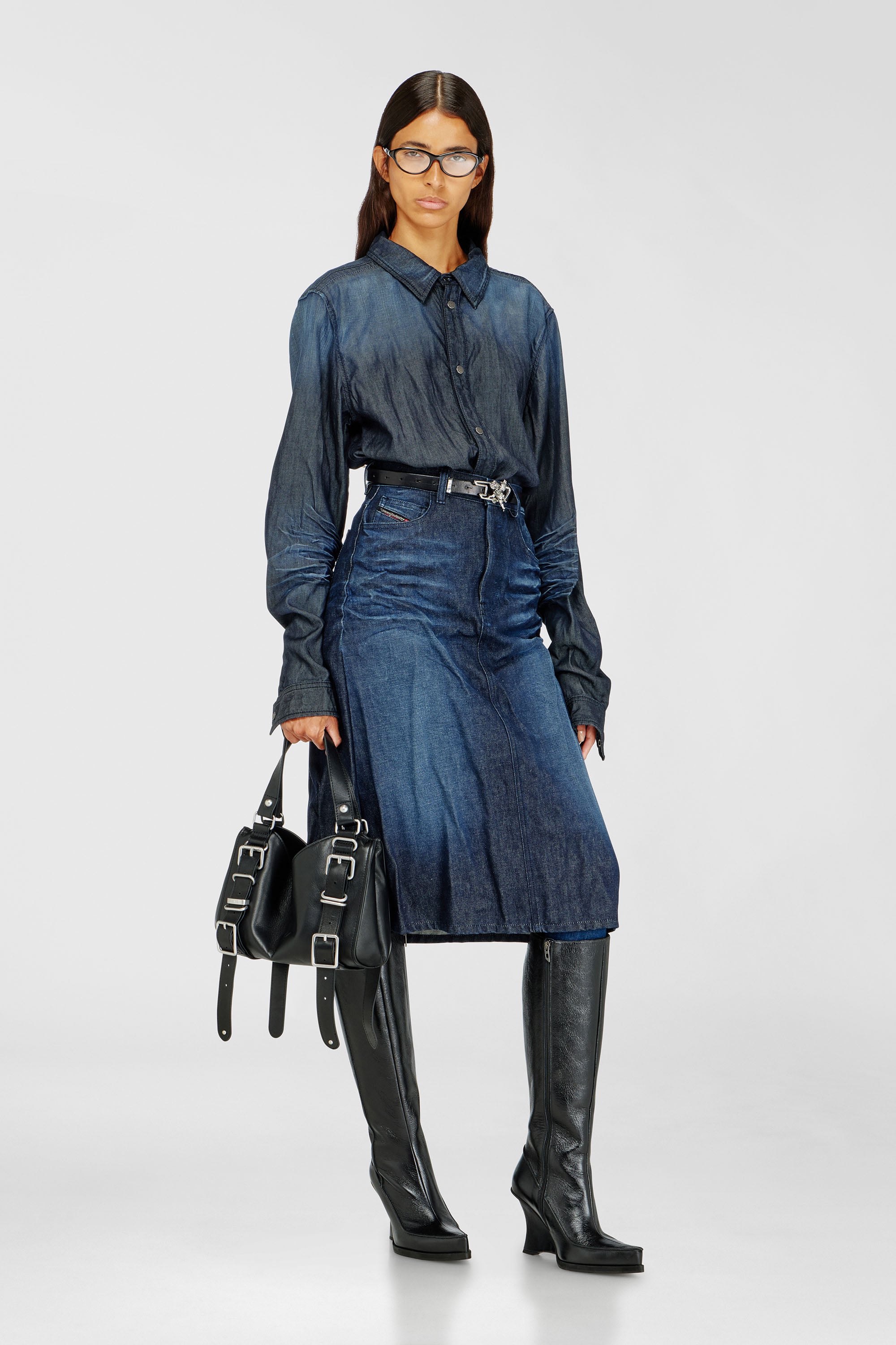 Diesel - DE-IRTI-FSJ, Falda midi de denim arrugado Mujer in Azul marino - 1