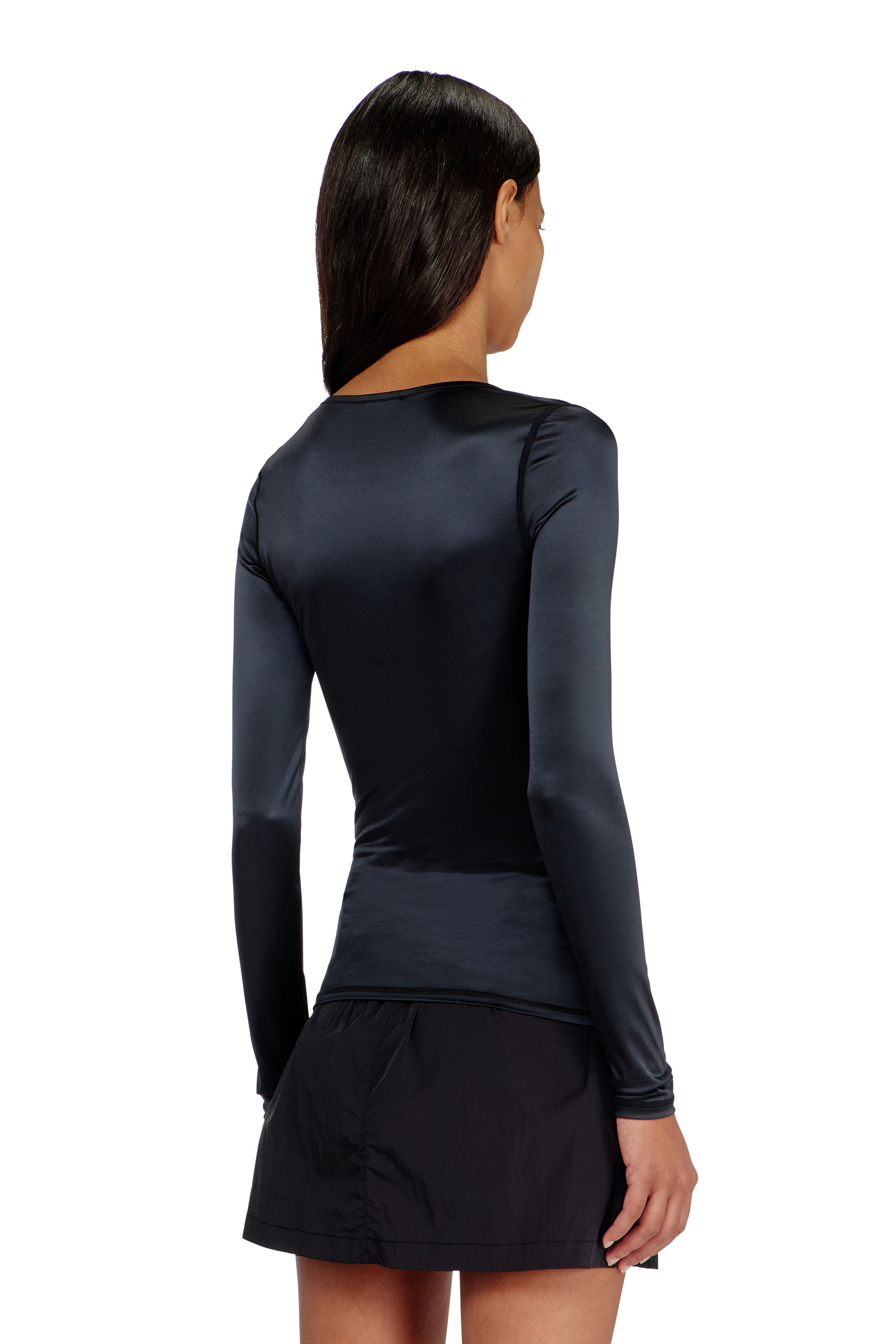Diesel - T-ELPHIN-LS, Top slim de nylon con escote redondo y Logo Oval D bordado Mujer in Negro - 4