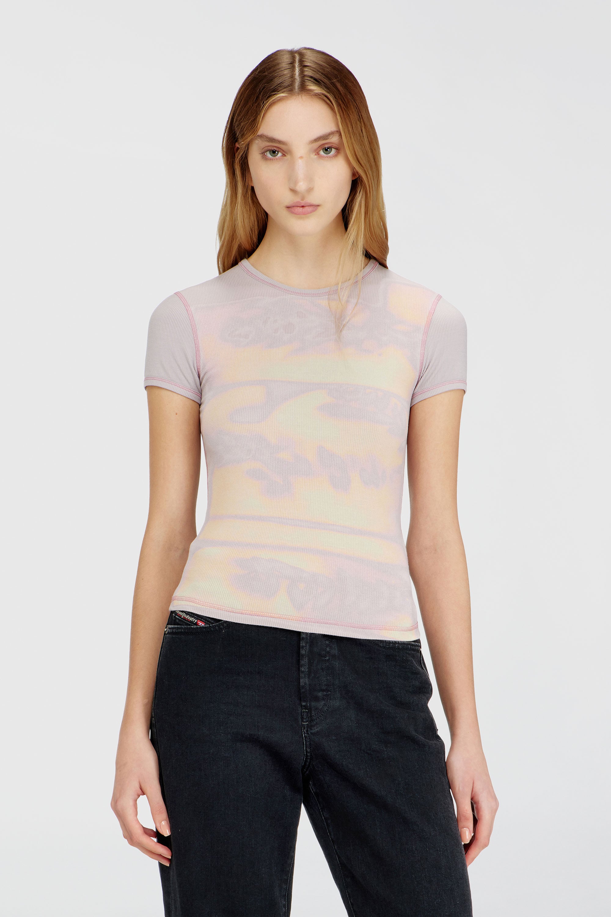 Diesel - T-ELE-LONG-AA1, Camiseta ajustada de punto con estampado gr&aacute;fico Mujer in Morado - 1