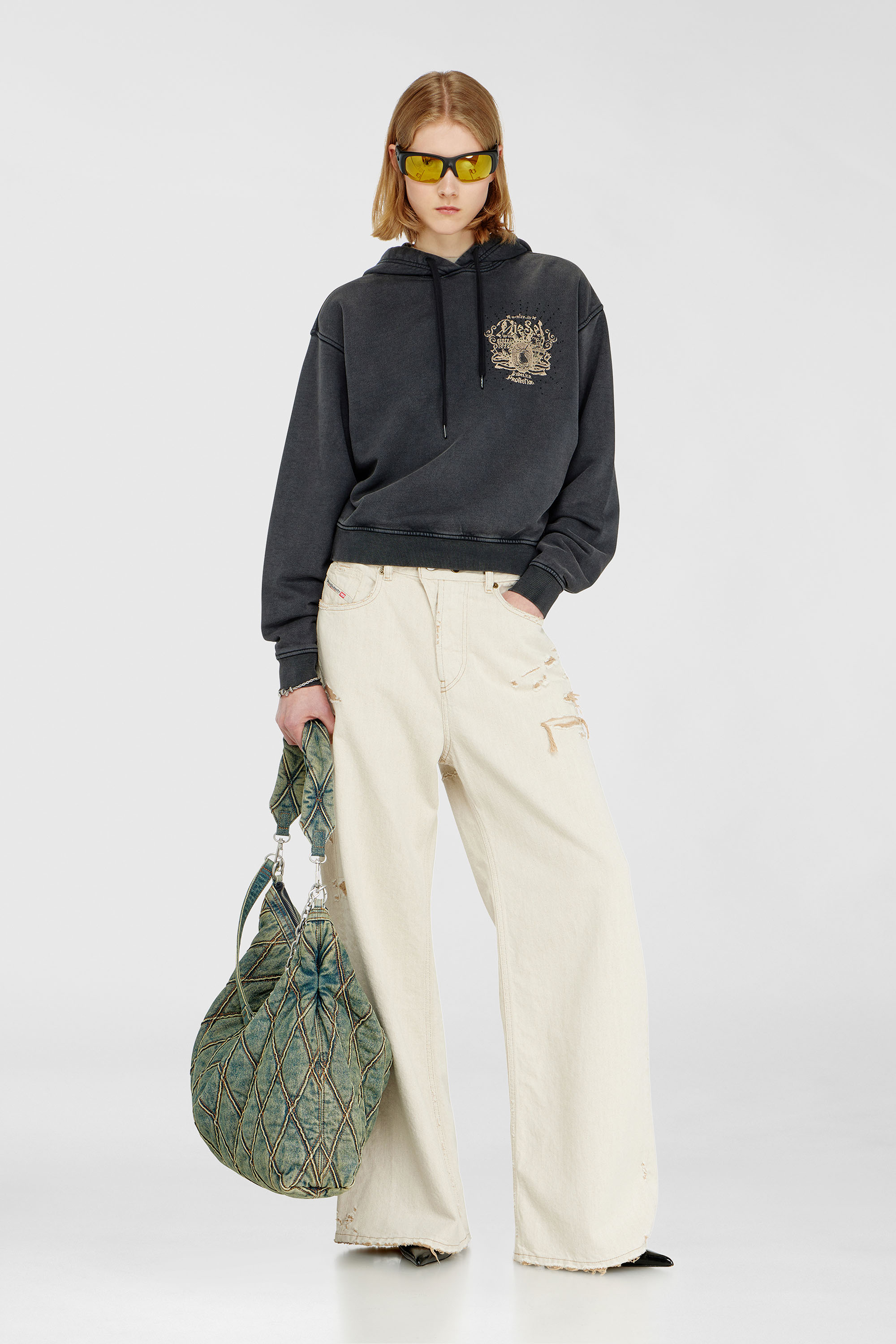 Diesel - F-PHOENY, Sudadera con capucha, estampados y tachuelas de strass Mujer in Negro - 2