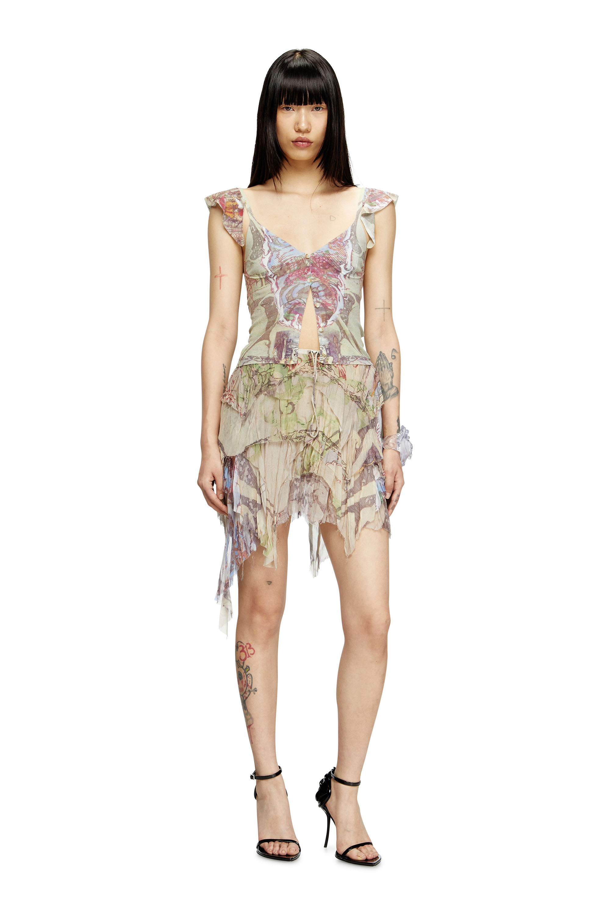 Diesel - M-FIORE, Top de punto con volantes en los hombros y estampado medieval Mujer in Beige - 1