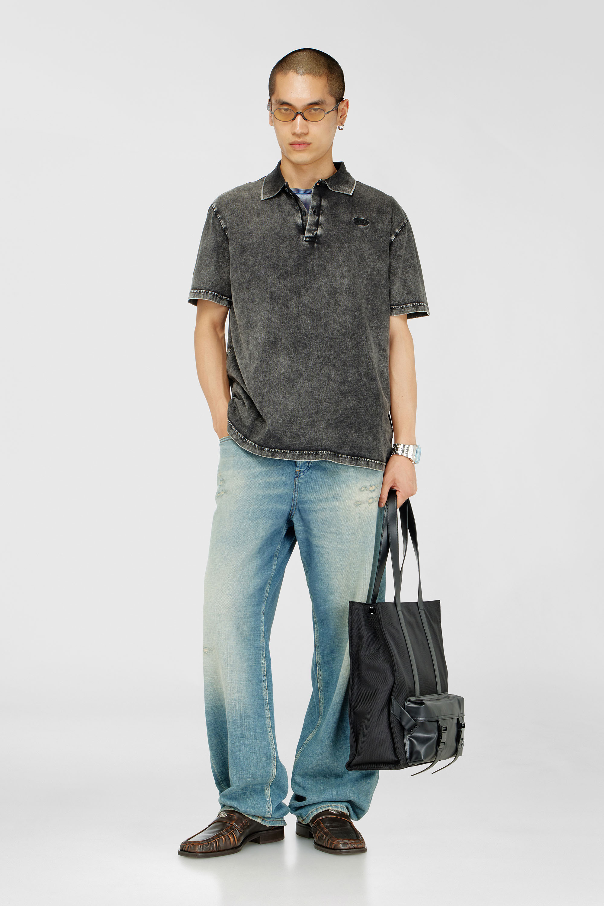 Diesel - T-REJUST-NC-DEN, Camiseta tipo polo en tejido de punto efecto denim Hombre in Gris - 2