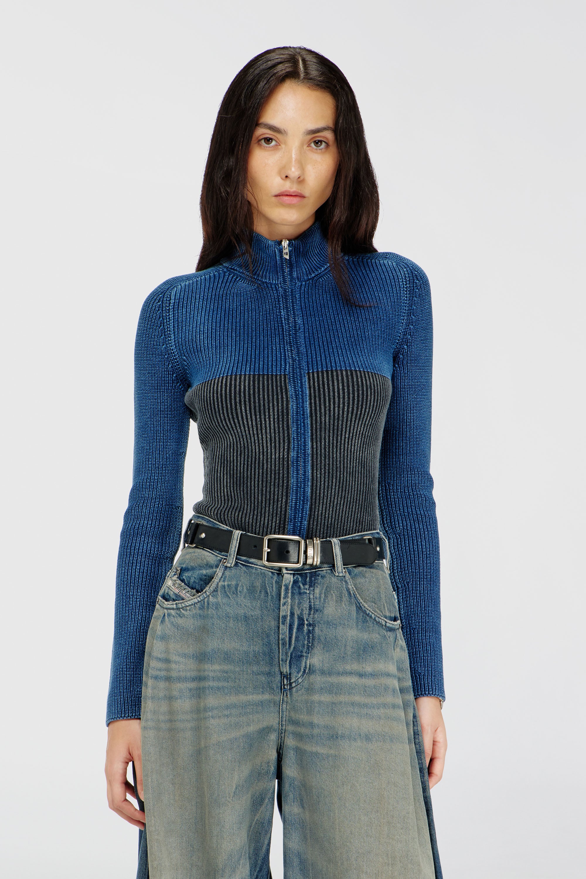 Diesel - M-HERMOSITA, C&aacute;rdigan con cremallera y efecto denim bicolor Mujer in Multicolor - 1