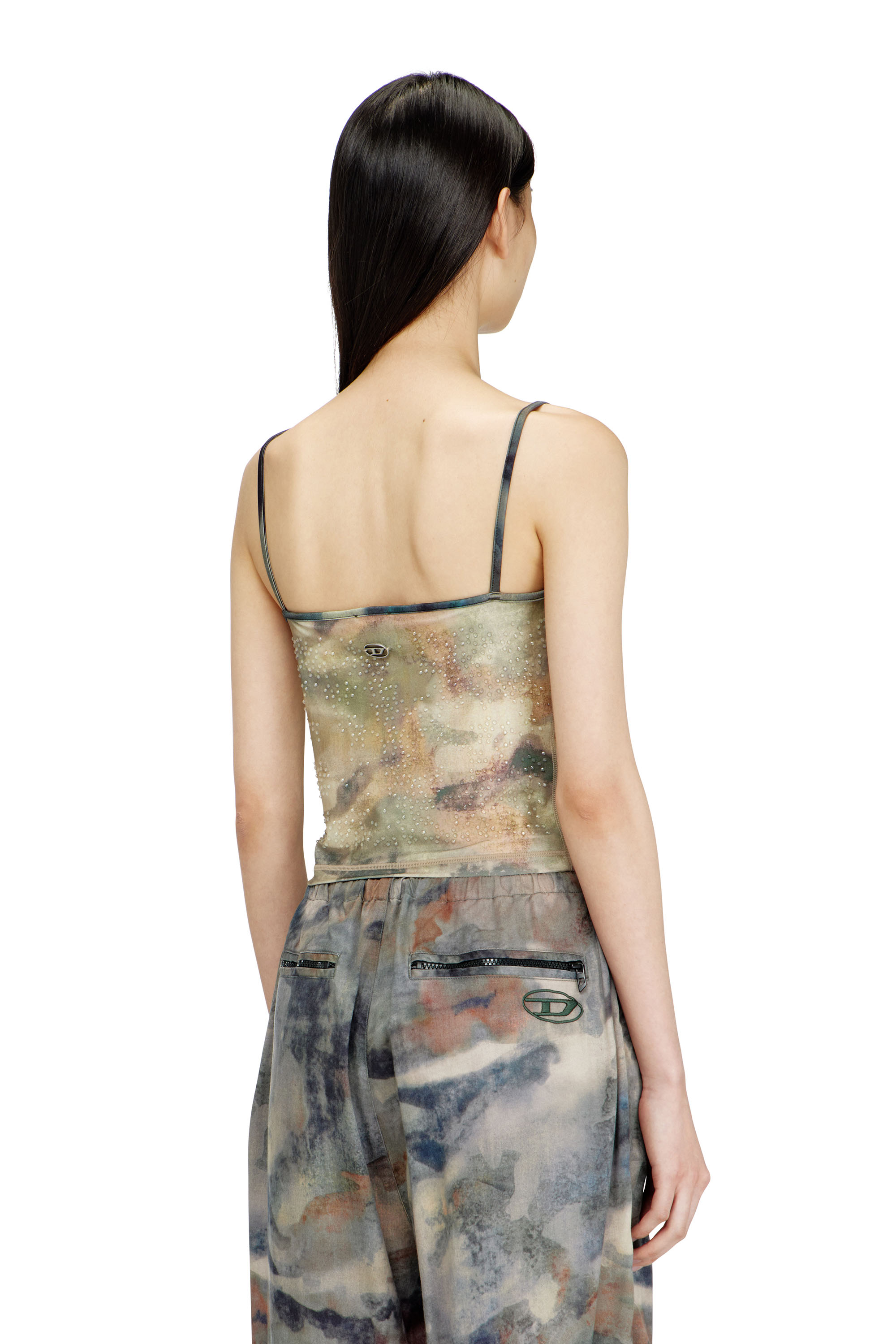 Diesel - T-IPLU, Top ajustado de nailon con estampado de camuflaje integral y detalles de cristal Mujer in Verde - 4