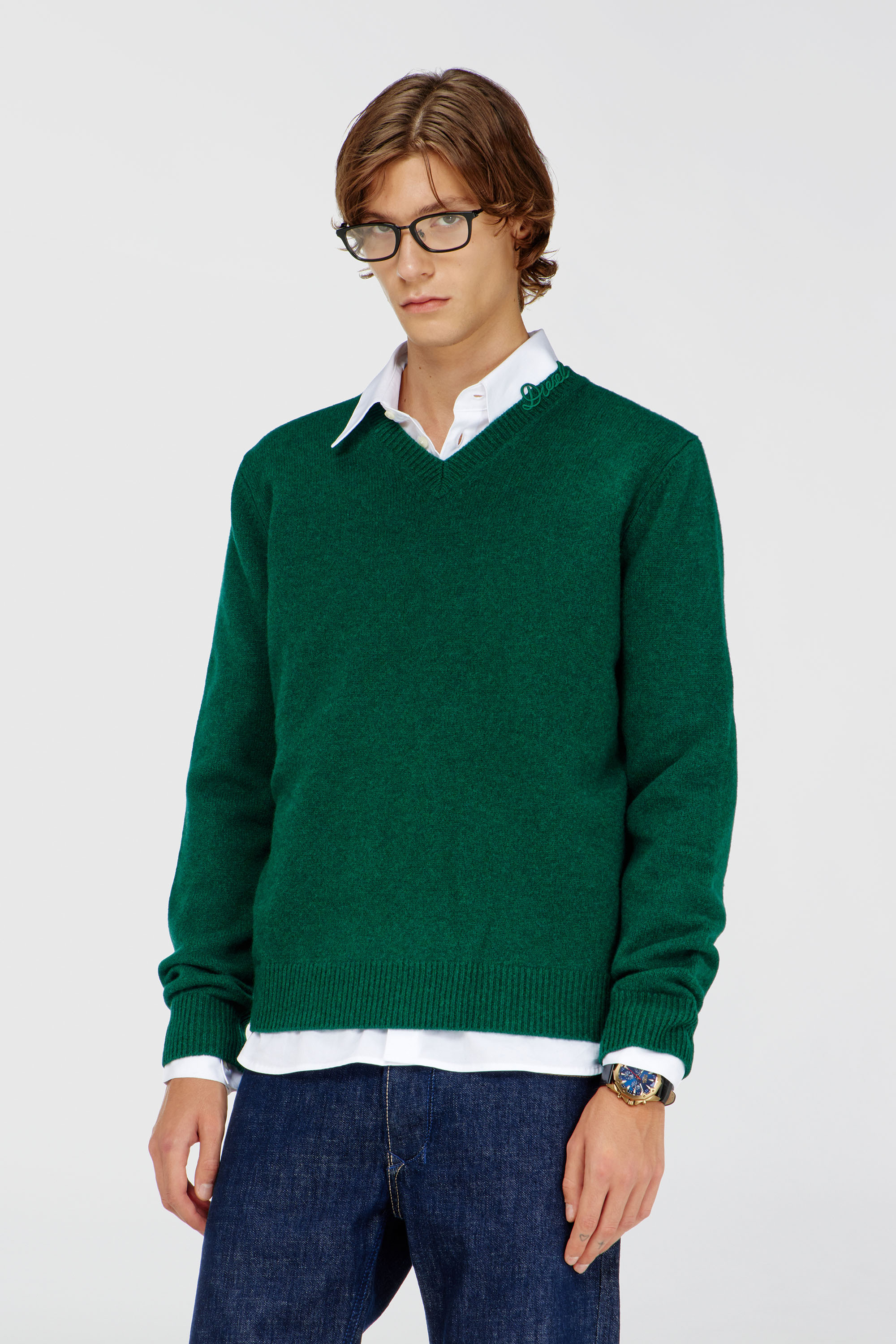 Diesel - K-IMER, Jersey de lana de pico con logo en el cuello Hombre in Verde - 1