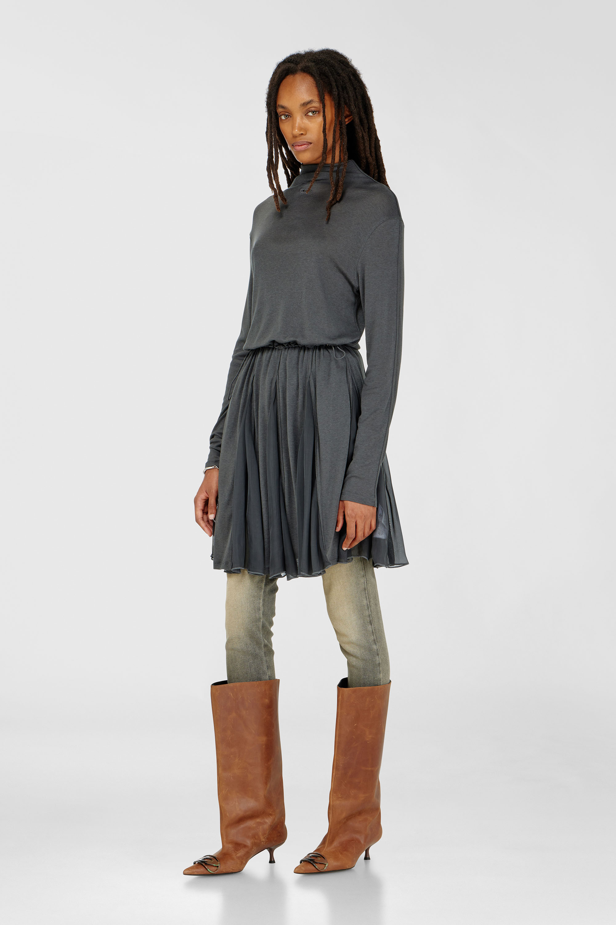 Diesel - D-REI, Vestido mini de cuello alto en punto y gasa Mujer in Gris - 1