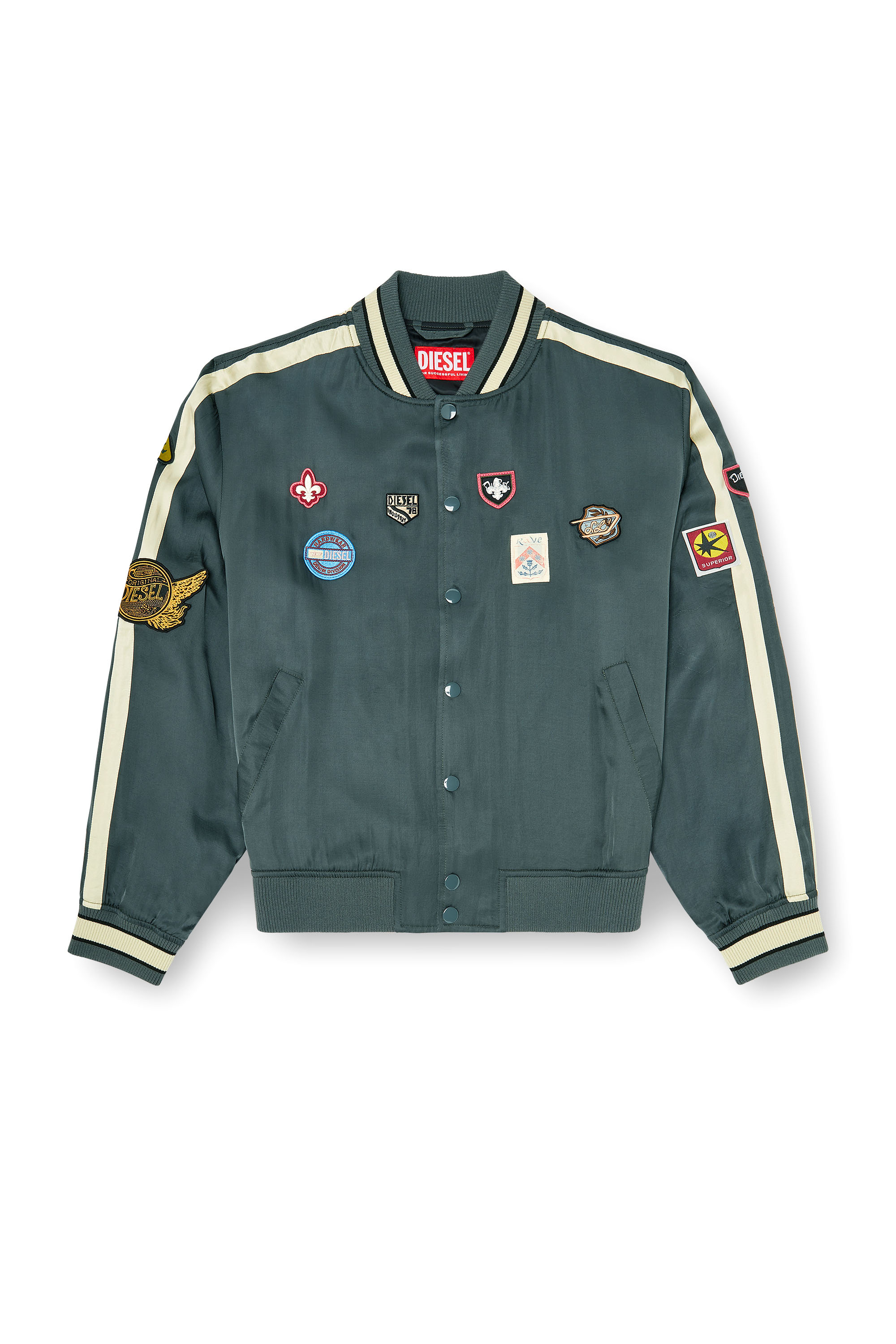 Diesel - J-ANNU, Chaqueta bomber satinada con patches Hombre in Verde - 2