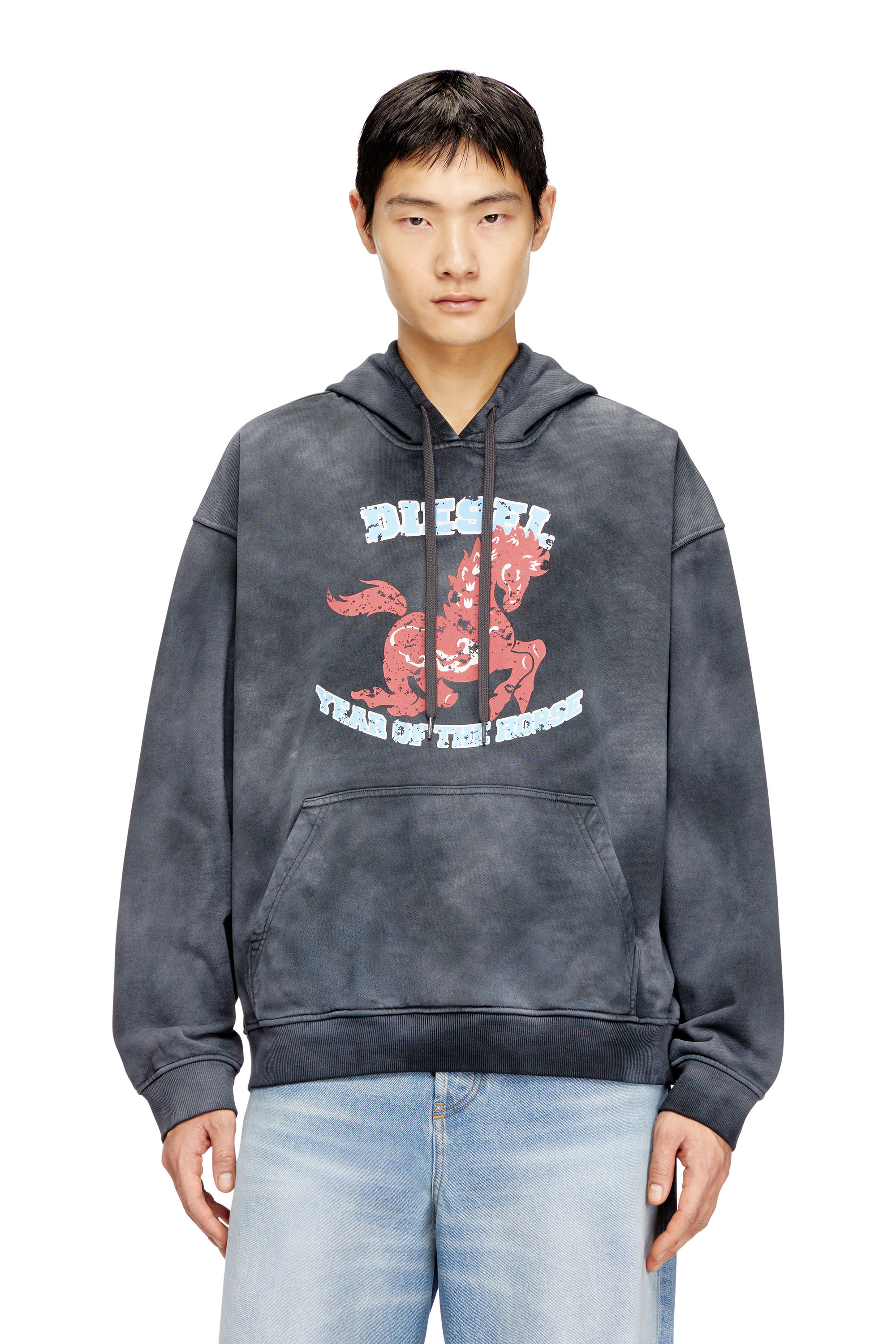 Diesel - CL-S-BOXT-HOOD-HORSE, Sudadera con capucha tie-dye con estampado gr&aacute;fico de caballo Hombre in Gris - 1