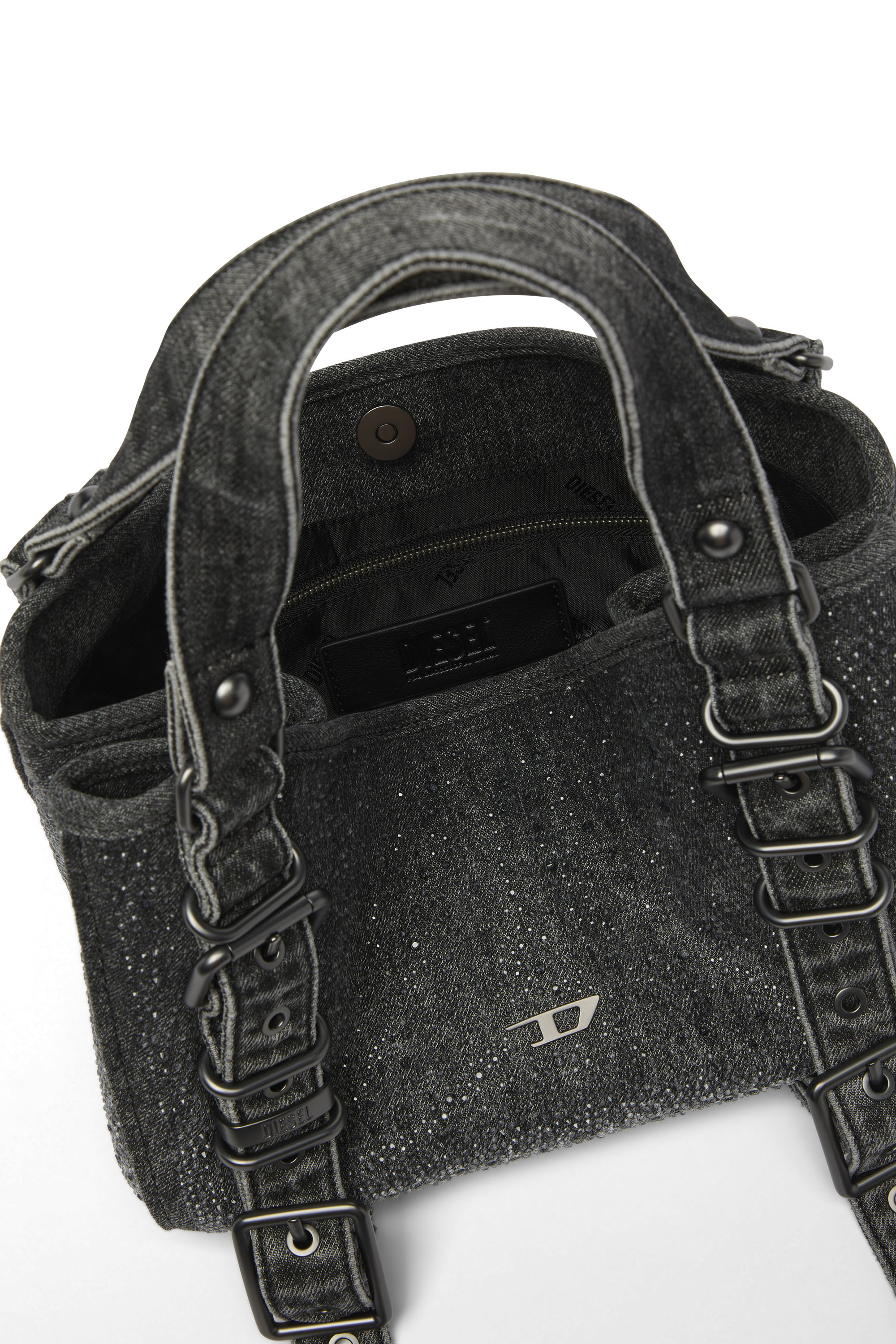 Diesel - D-ONE TOPHANDLE S, D-One-Bolso small con asa superior de denim solarizado con cristales Mujer in Negro - 3