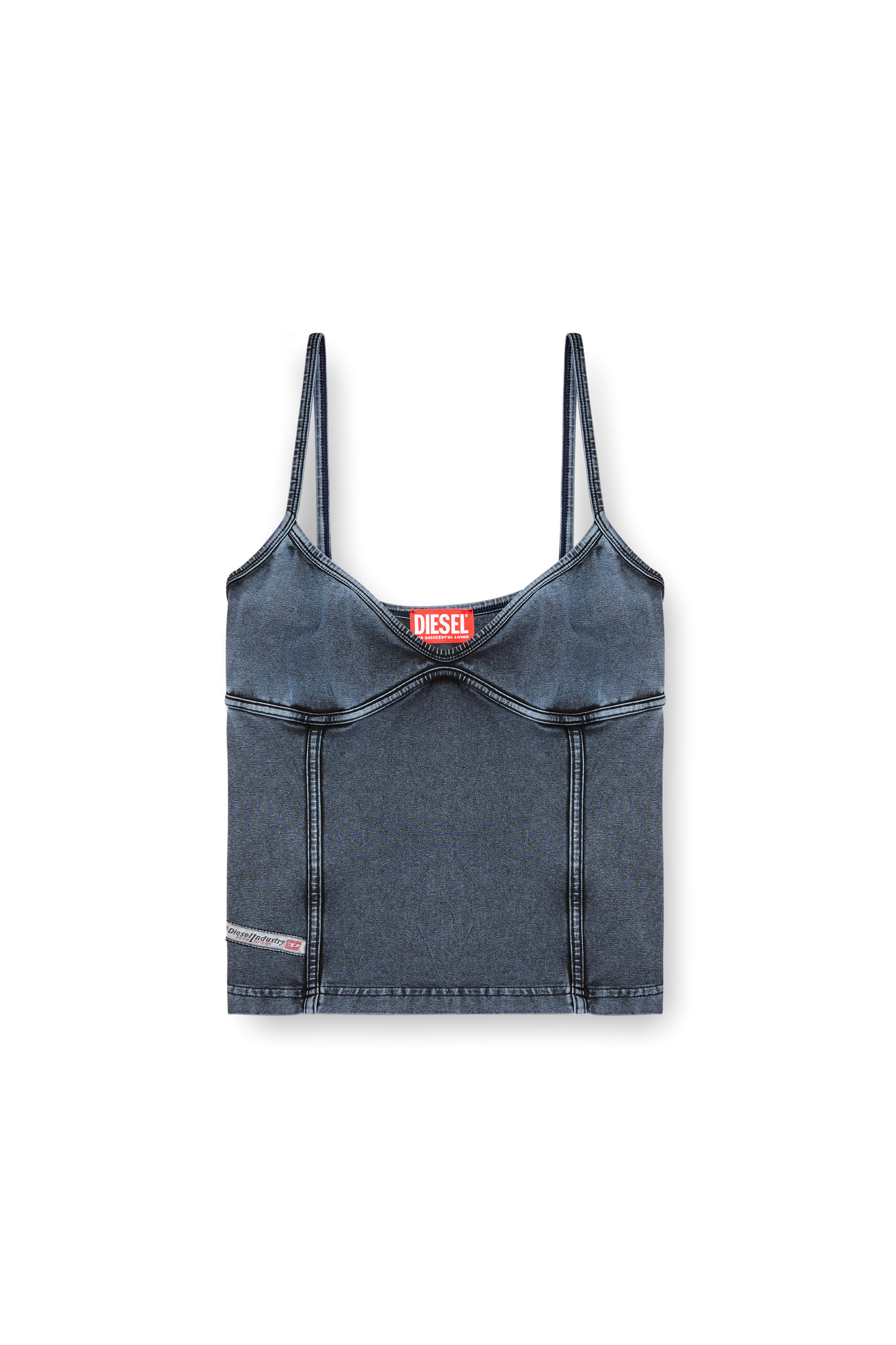 Diesel - T-ONY, Camiseta de tirantes en tejido de punto con aspecto de denim Mujer in Azul marino - 3