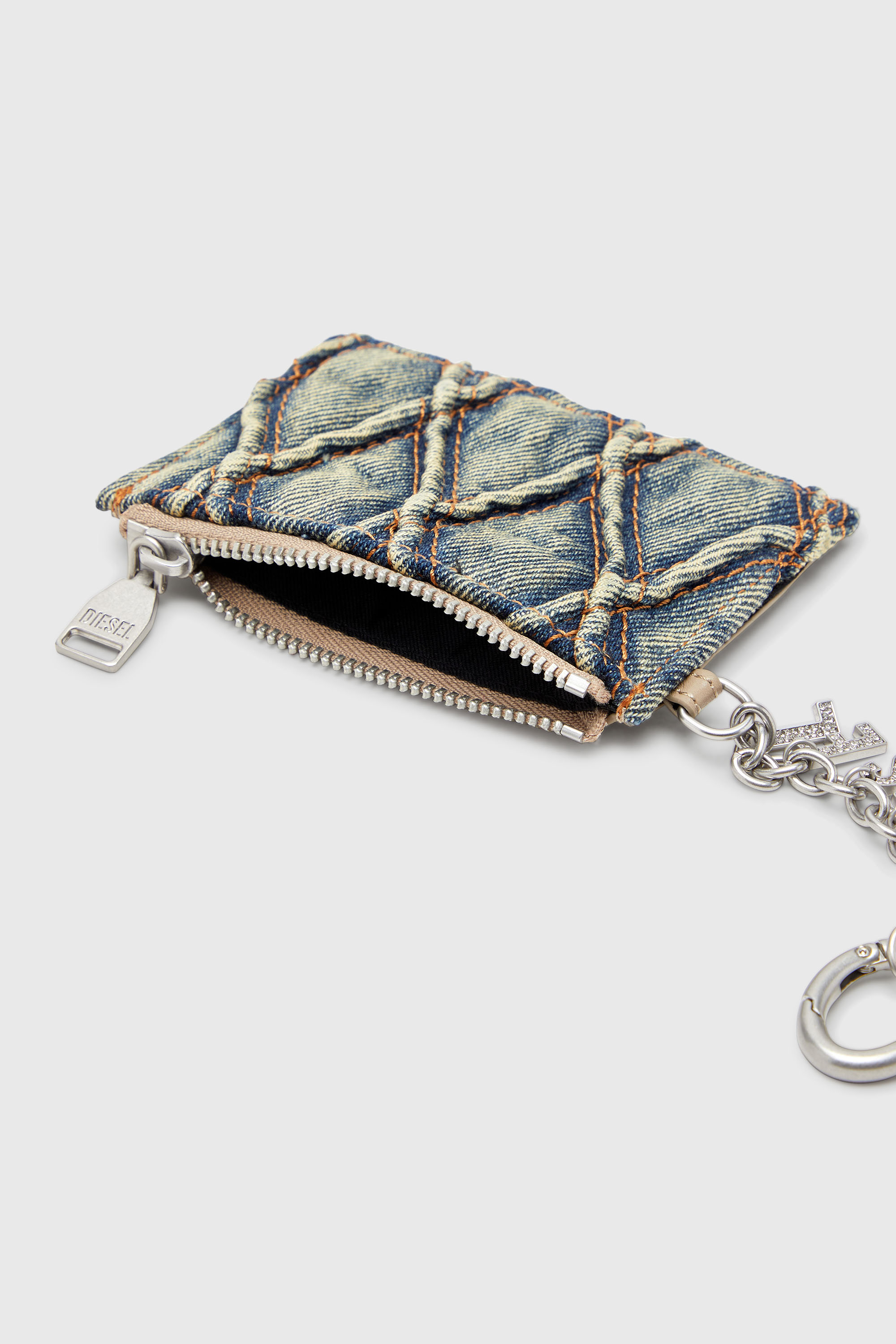Diesel - CARD HOLDER WITH CHAIN, Tarjetero de denim acolchado con motivo argyle Mujer in Azul marino - 3