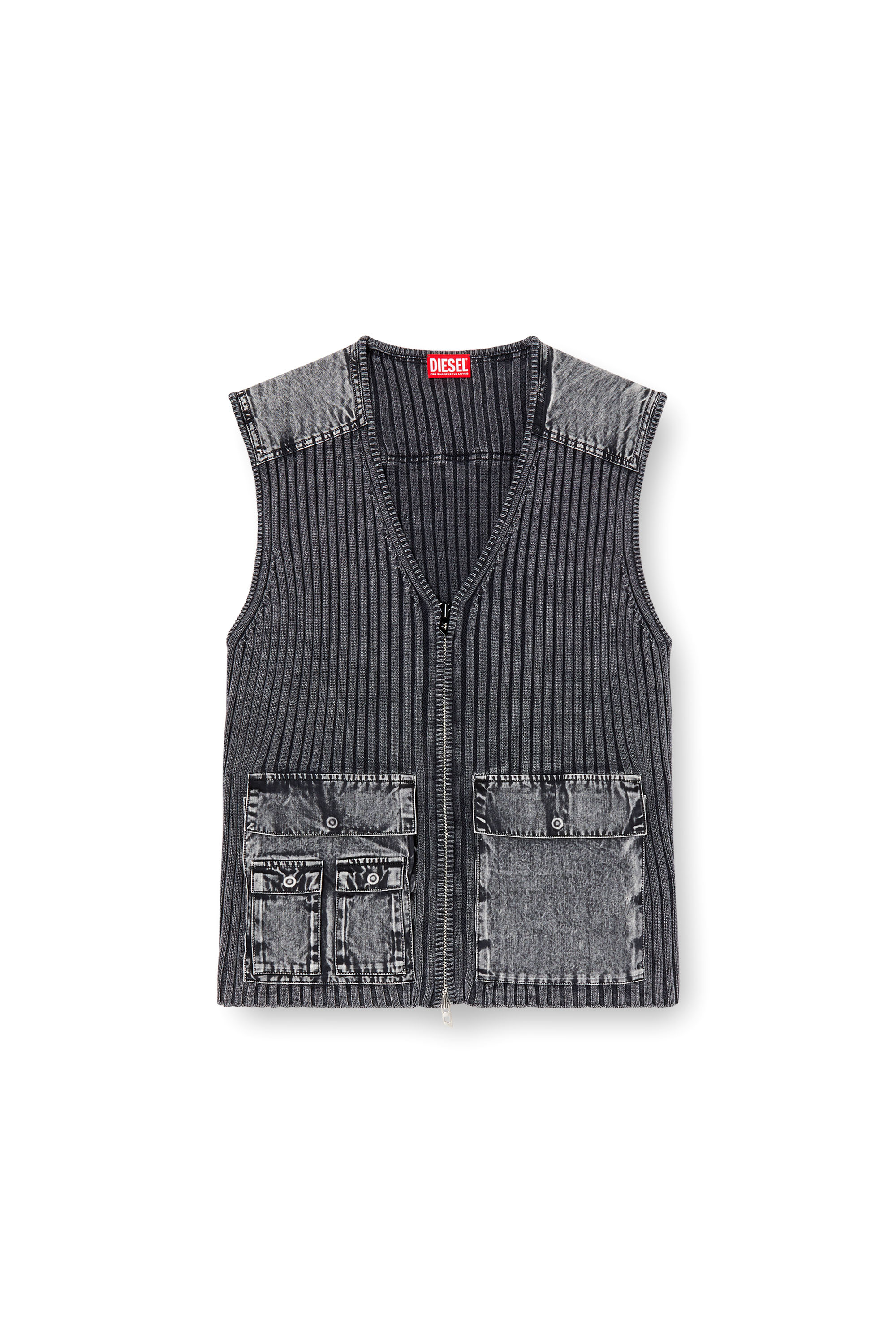 Diesel - K-MARGIE, Chaleco utilitario de tejido en canalé y denim Hombre in Gris - 3