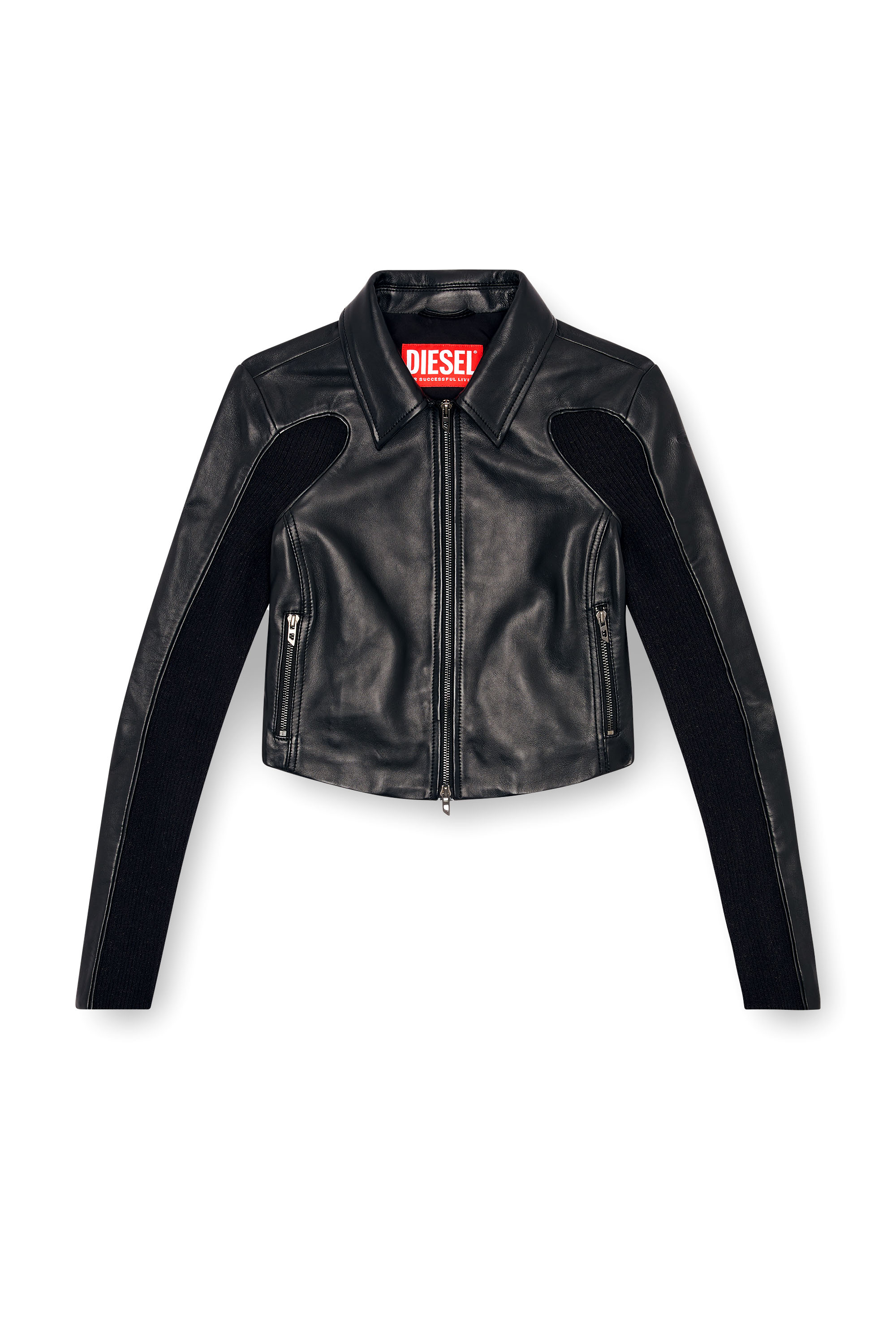L-TOTEM-P1, Negro Diesel - L-TOTEM-P1, Chaqueta de cuero recortada con inserciones de punto Mujer in Negro - 2
