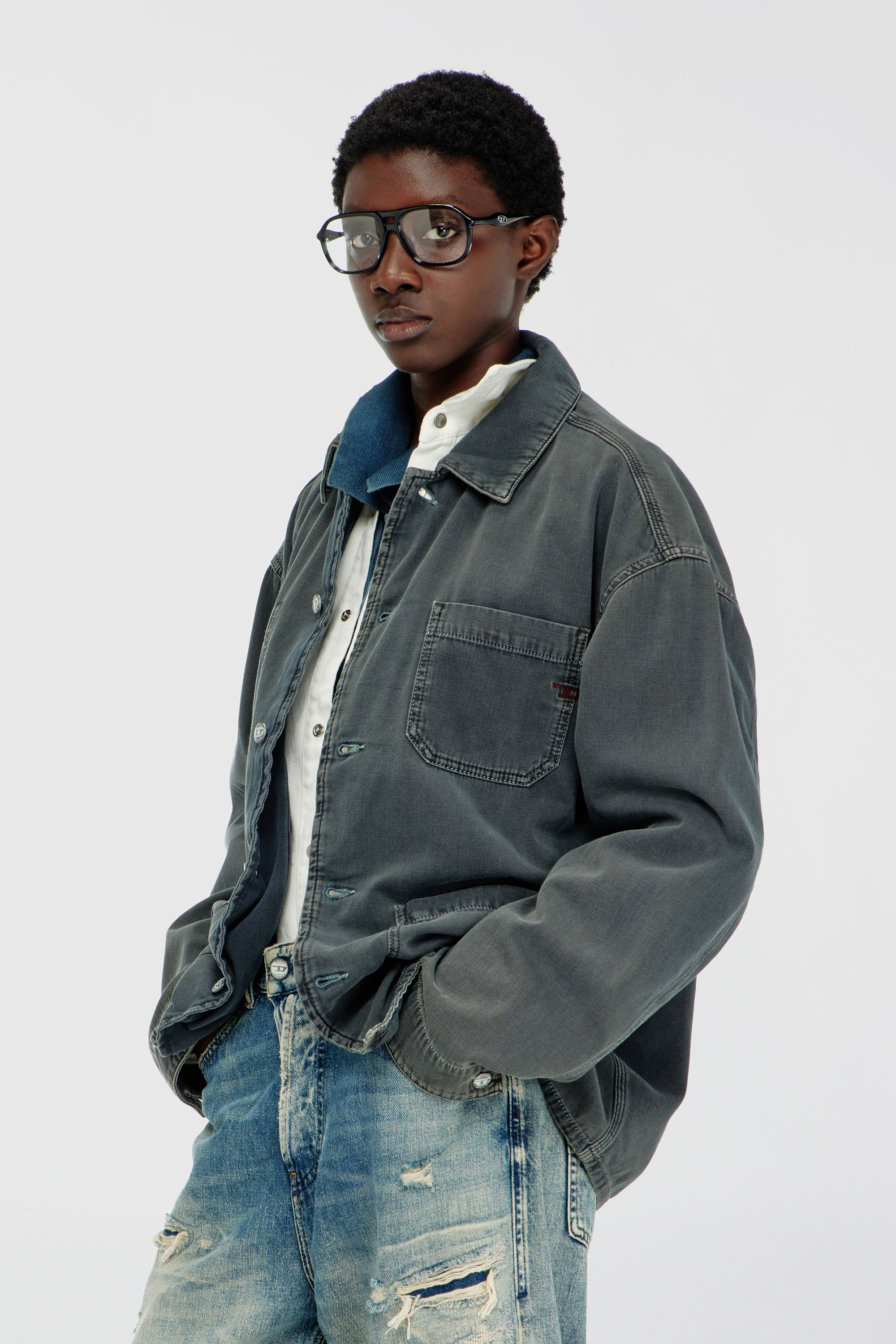 Diesel - D-STACK-U, Chaqueta estilo utility de denim te&ntilde;ido Unisex in Gris - 6