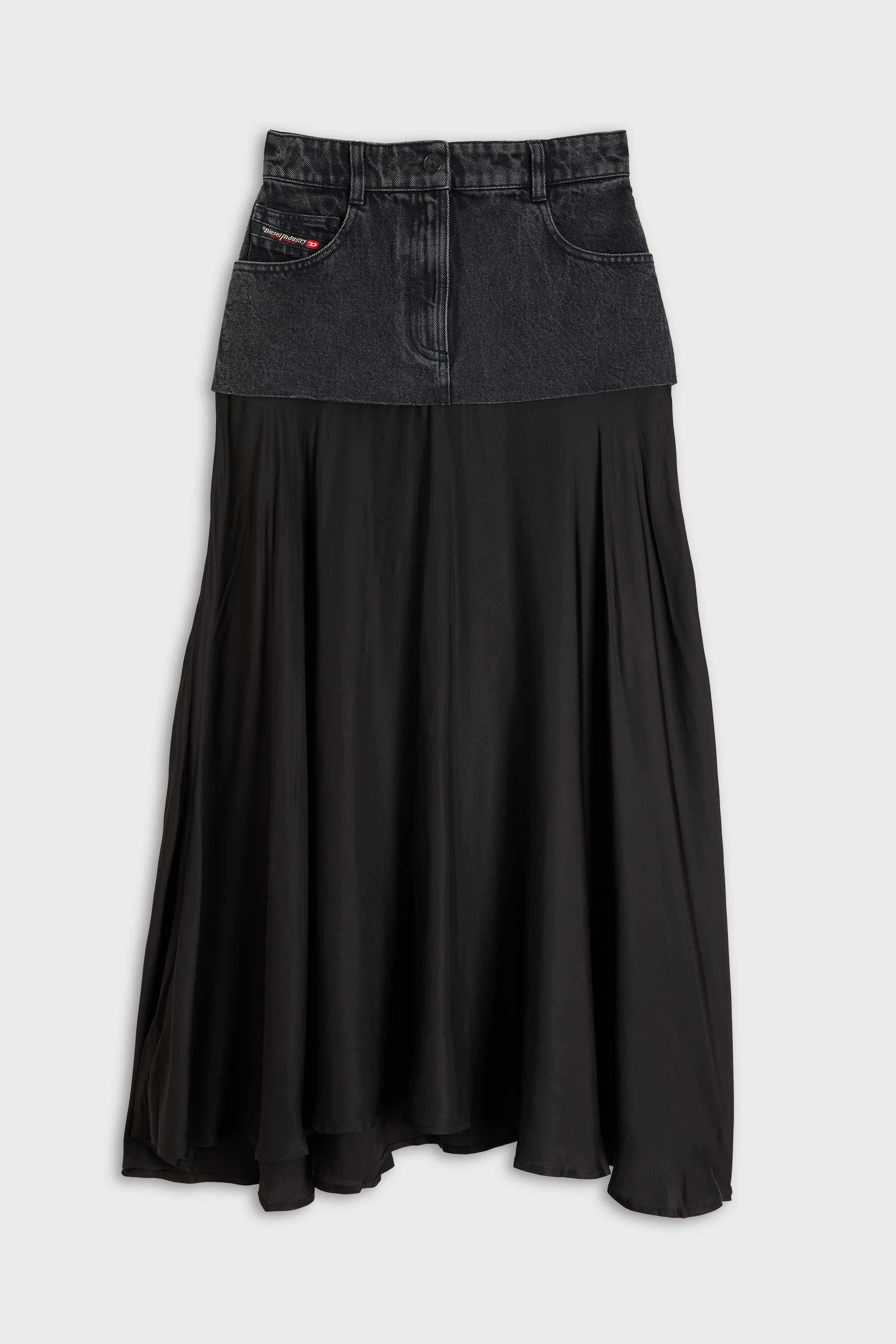 Diesel - O-RIONE, Falda midi con secciones de denim y sat&eacute;n Mujer in Negro - 2