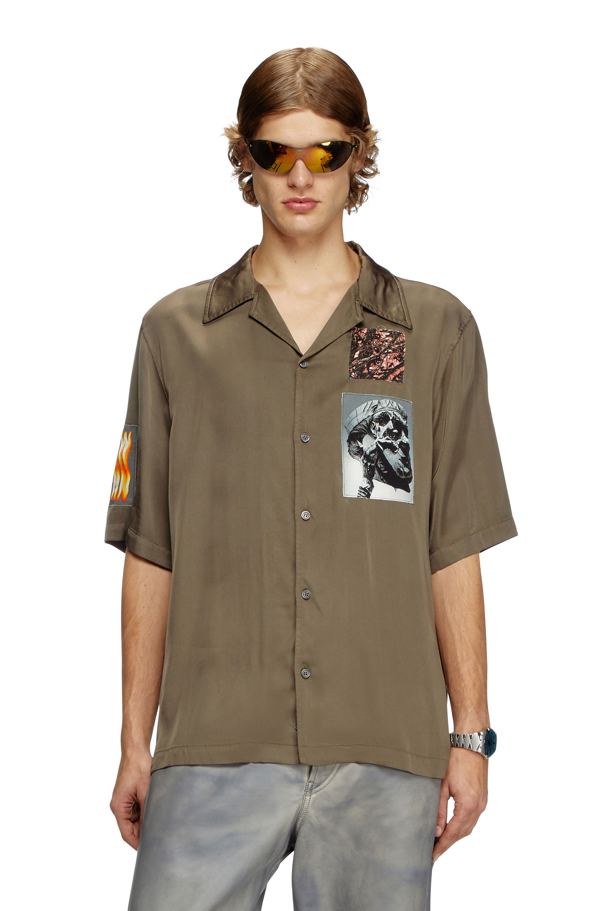 Diesel - S-DAXHE, Camisa de satén de manga corta con parches Hombre in Verde - 1