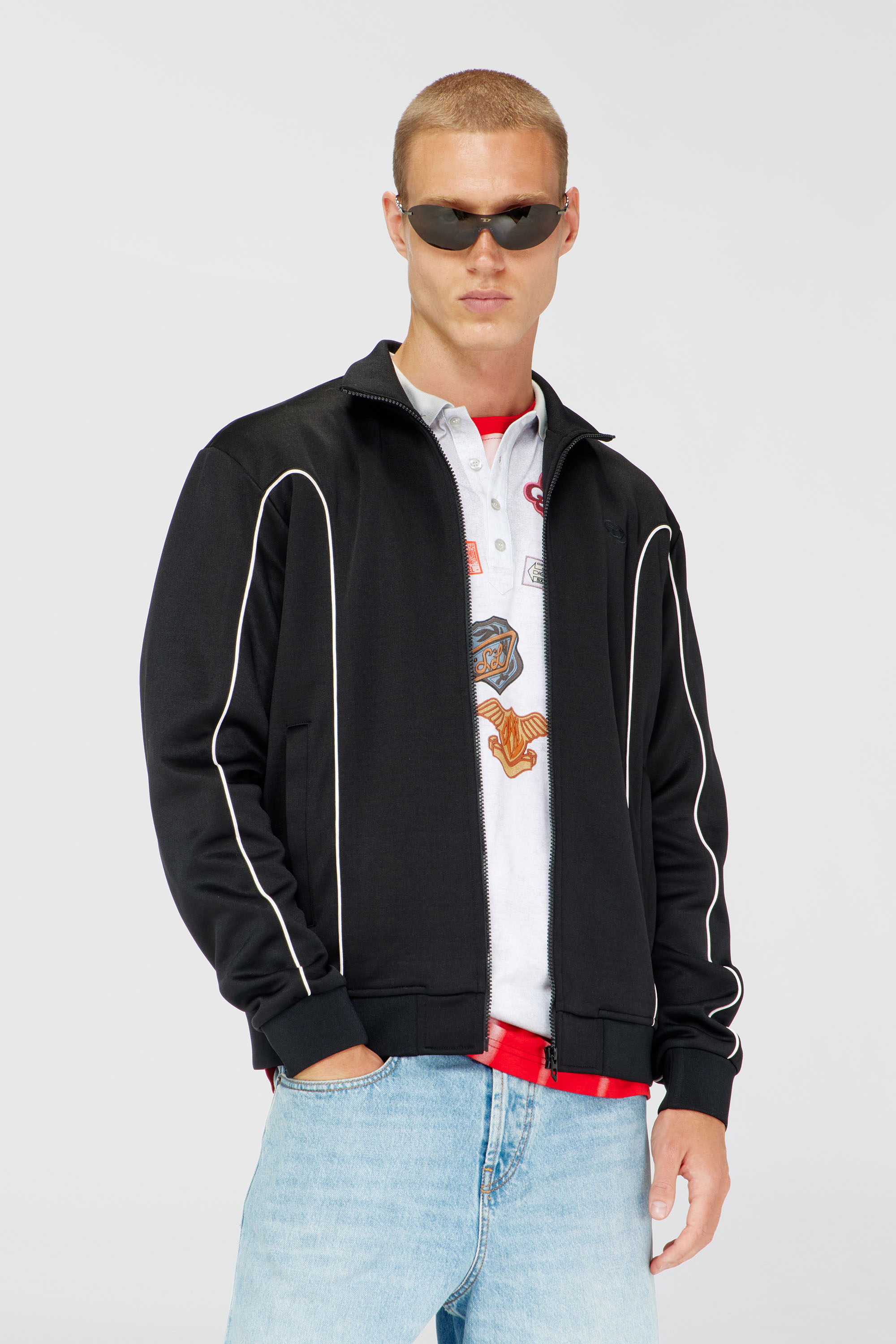 Diesel - S-LOCKING-DO, Chaqueta de ch&aacute;ndal de felpa con ribetes en contraste Hombre in Negro - 3