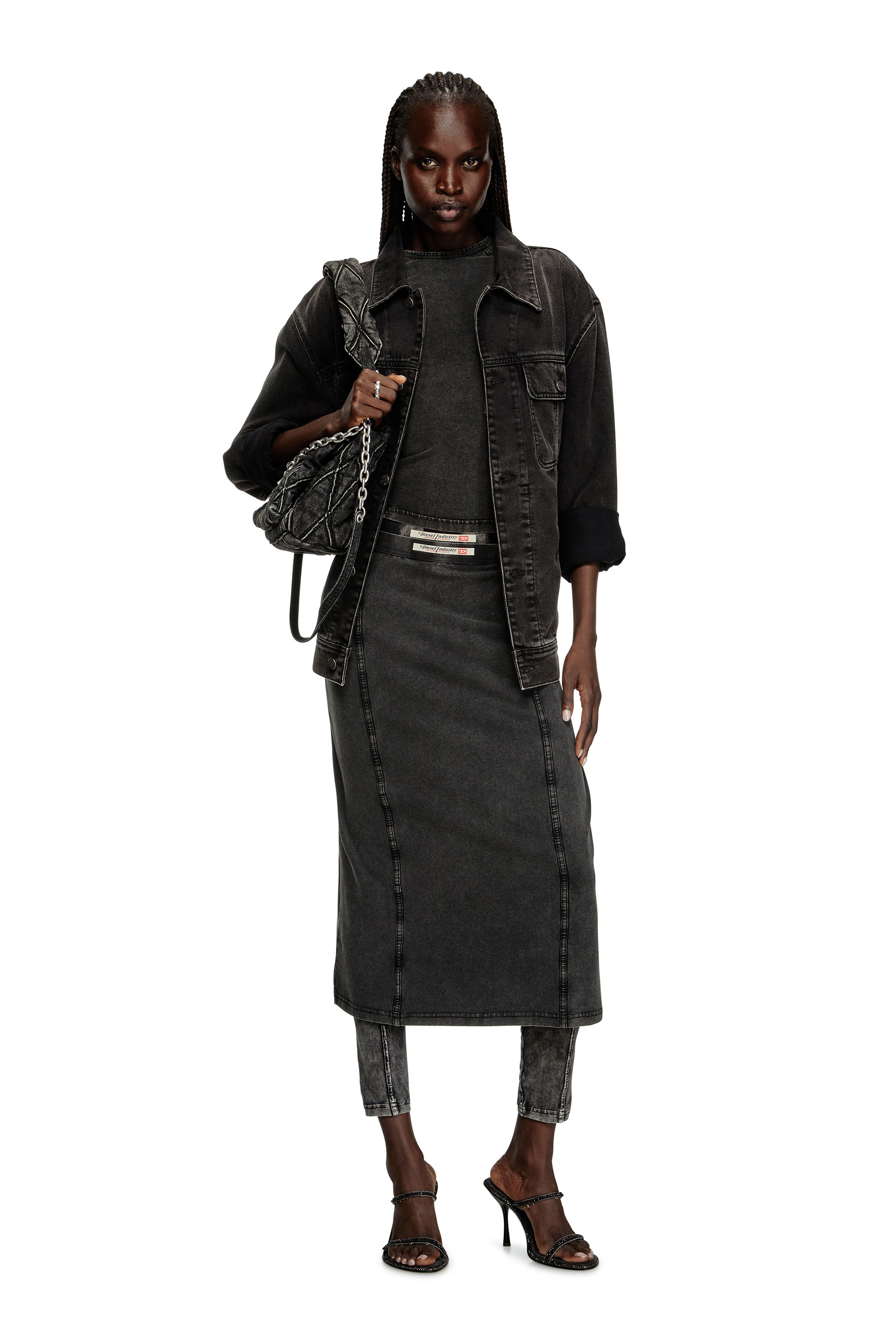 Diesel - O-ALLEGRA, Falda midi con efecto denim Mujer in Negro - 1