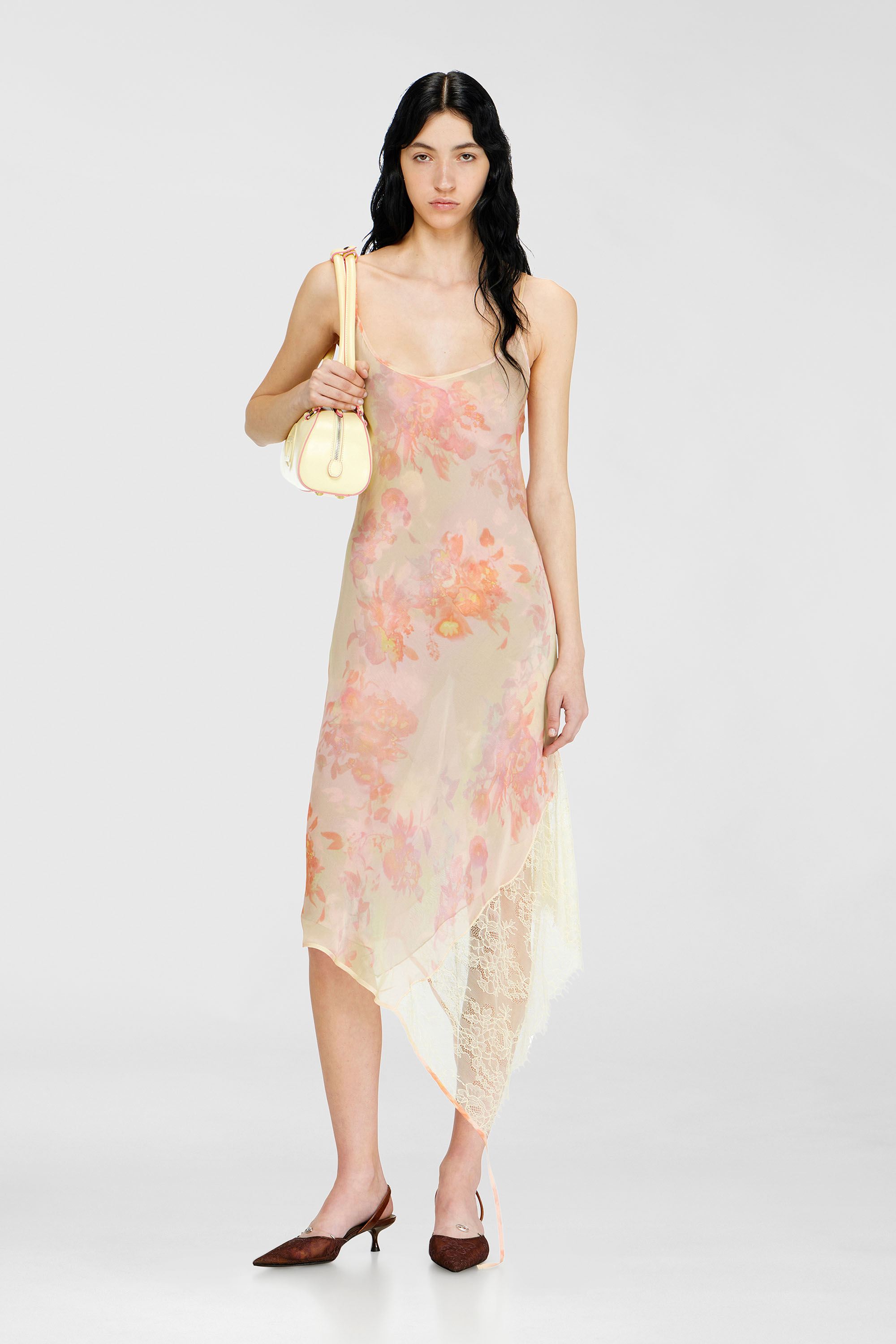 Diesel - D-ANCEL, Vestido lencero midi con estampado floral y ribete de encaje Mujer in Multicolor - 1