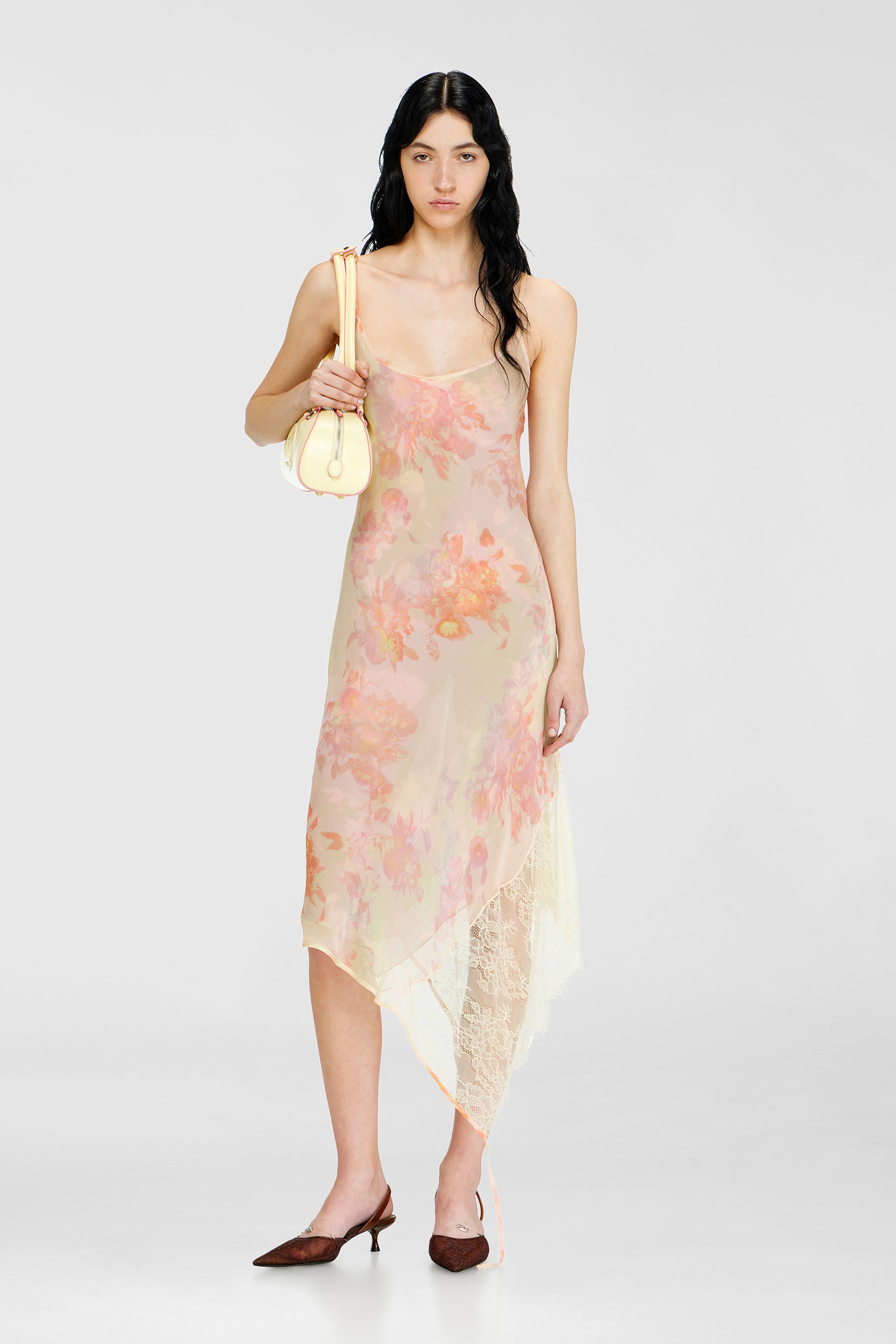 Diesel - D-ANCEL, Vestido lencero midi con estampado floral y ribete de encaje Mujer in Multicolor - 1