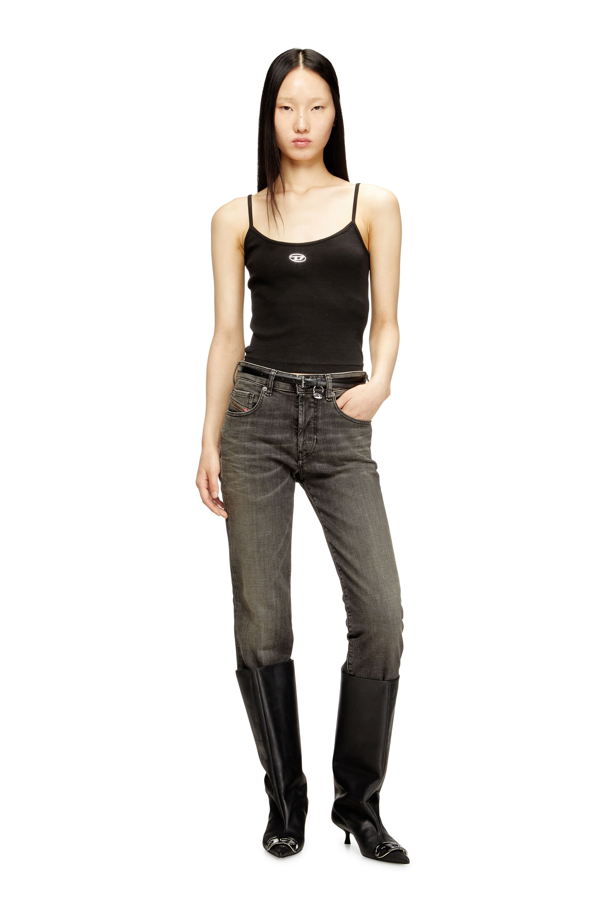 Diesel - T-HUPY-OD, Top de canalé con Oval D metálico Mujer in Negro - 2