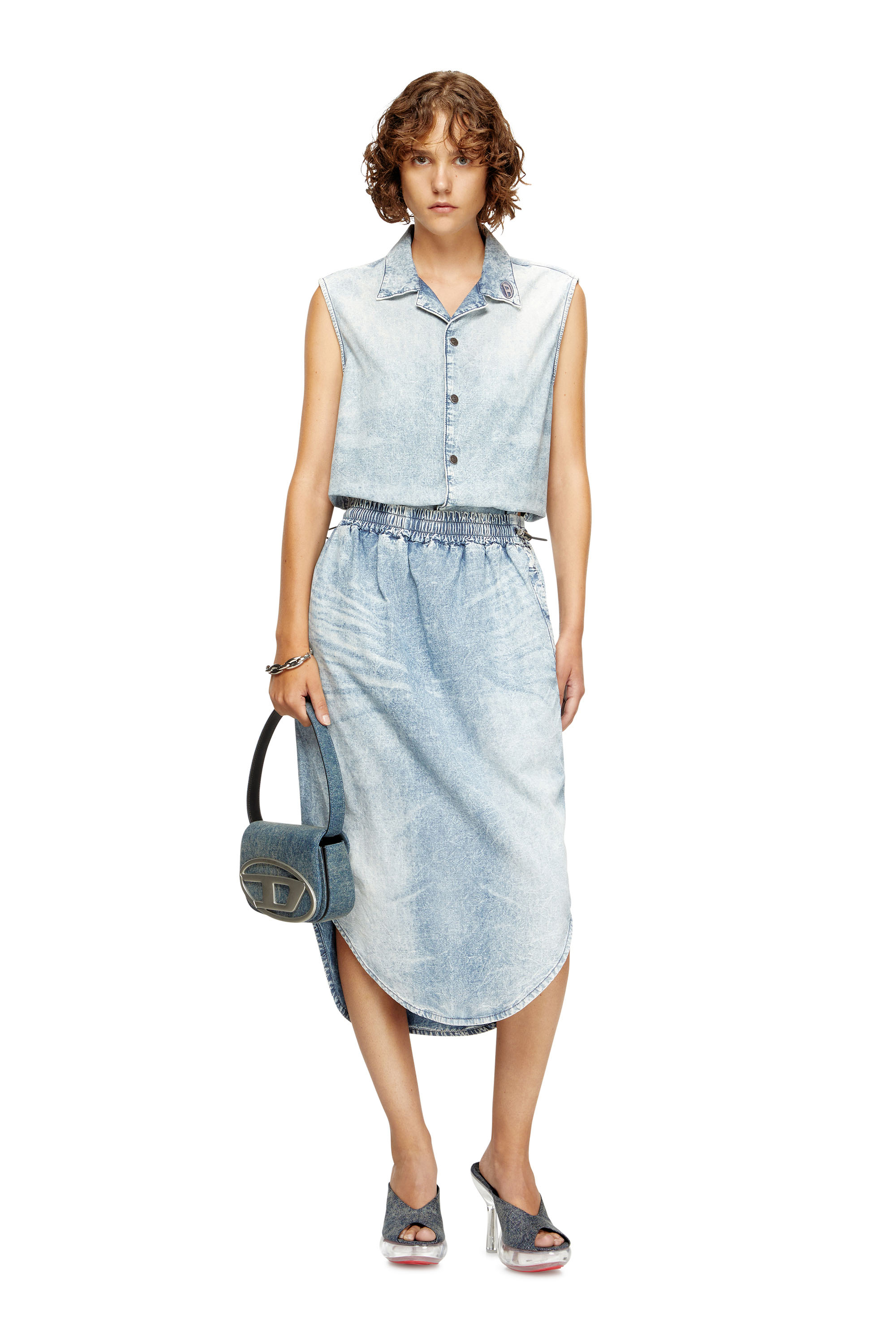 Diesel - DE-ASHLEY-S, Falda midi en denim efecto mármol Mujer in Azul marino - 2