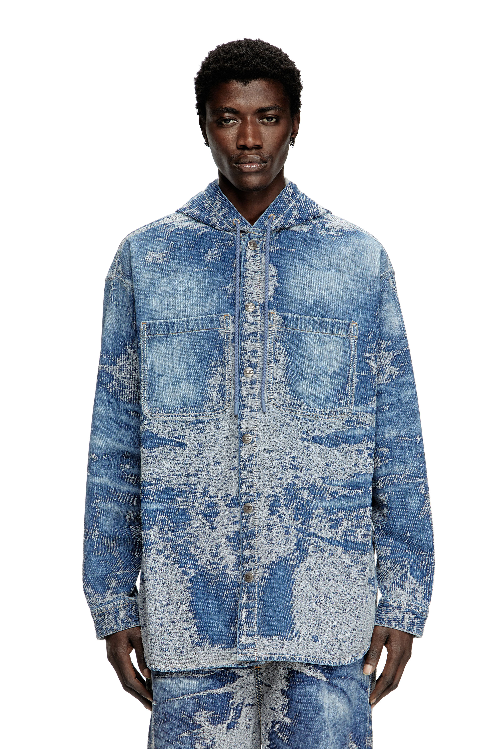 Diesel - D-DEWNYS-HOOD-S, Man's Overshirt in distressed jacquard denim in Medium blue - 5