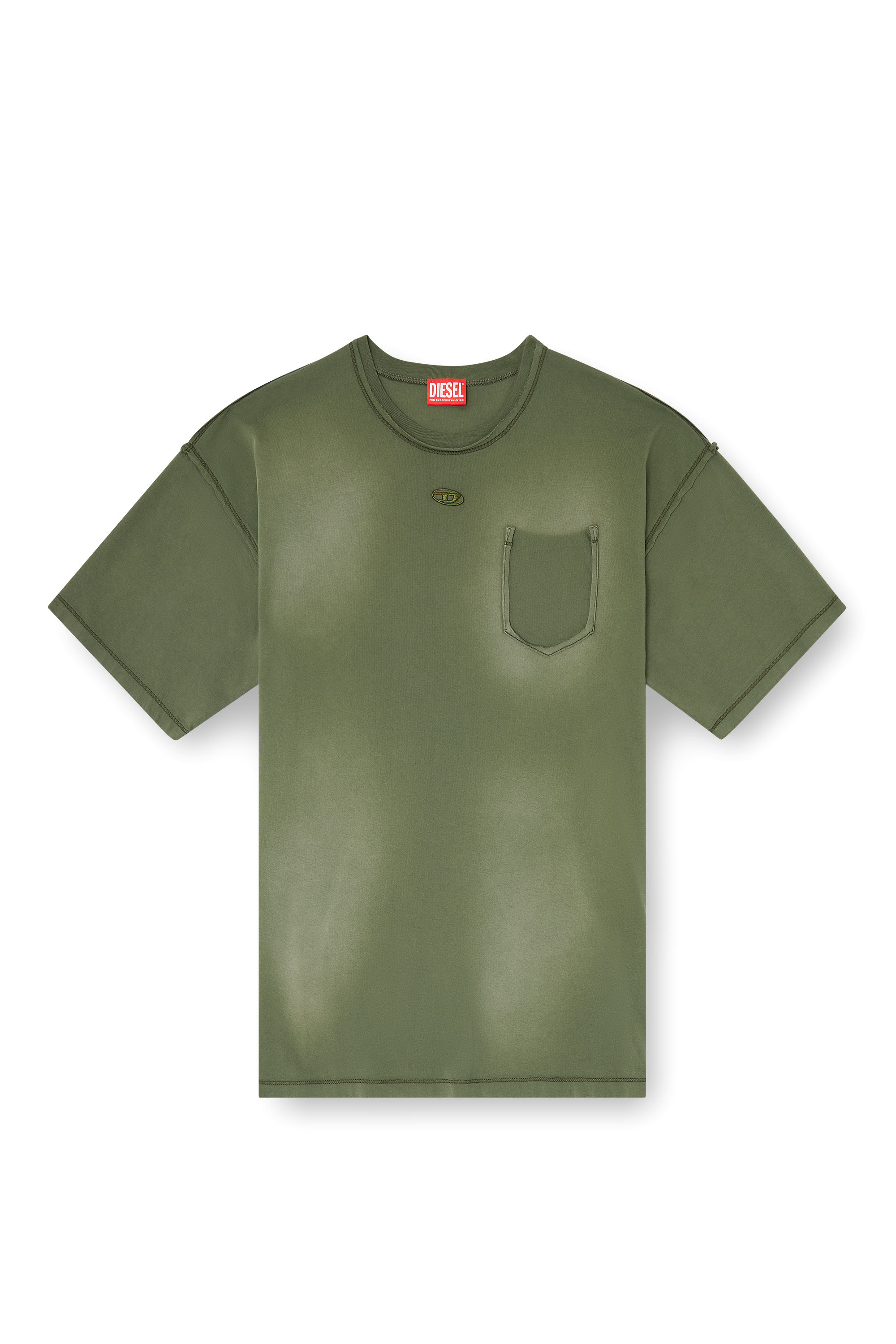 Diesel - T-POCK, Camiseta deslavada con bolsillo roto Hombre in Verde - 3