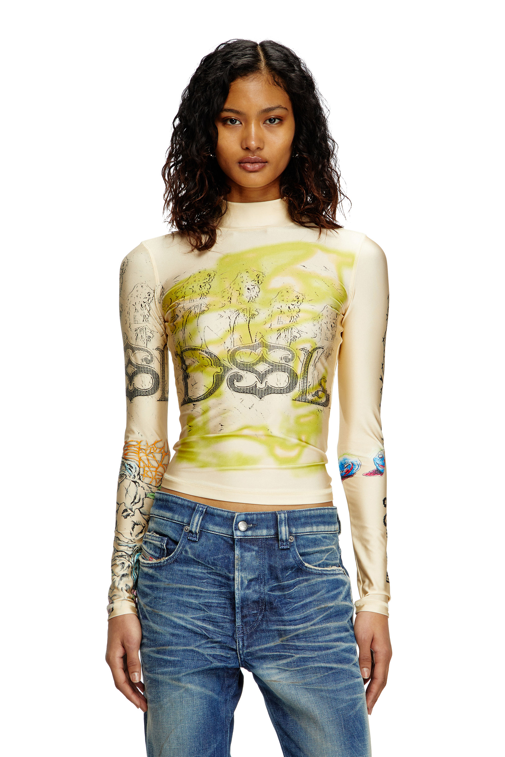 Diesel - T-IMUN, Top con cuello alto y estampado de tatuaje Mujer in Beige - 1