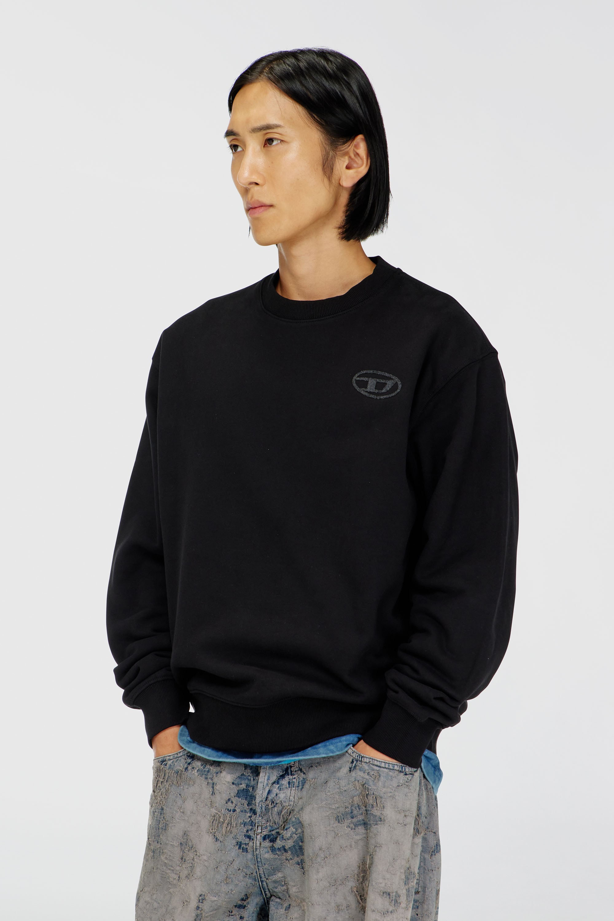 Diesel - S-LUK-R-T92, Jersey de algod&oacute;n con bordado del logotipo Oval D tono sobre tono Hombre in Negro - 1